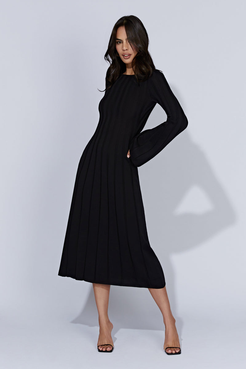 Juniper Flare Sleeve Knit Midi Dress - Black - MESHKI U.S