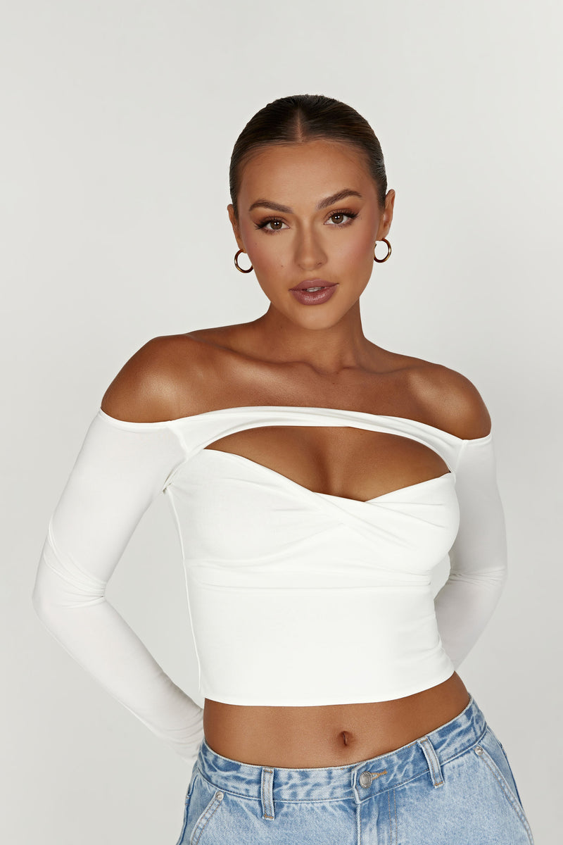 white long sleeve cold shoulder top