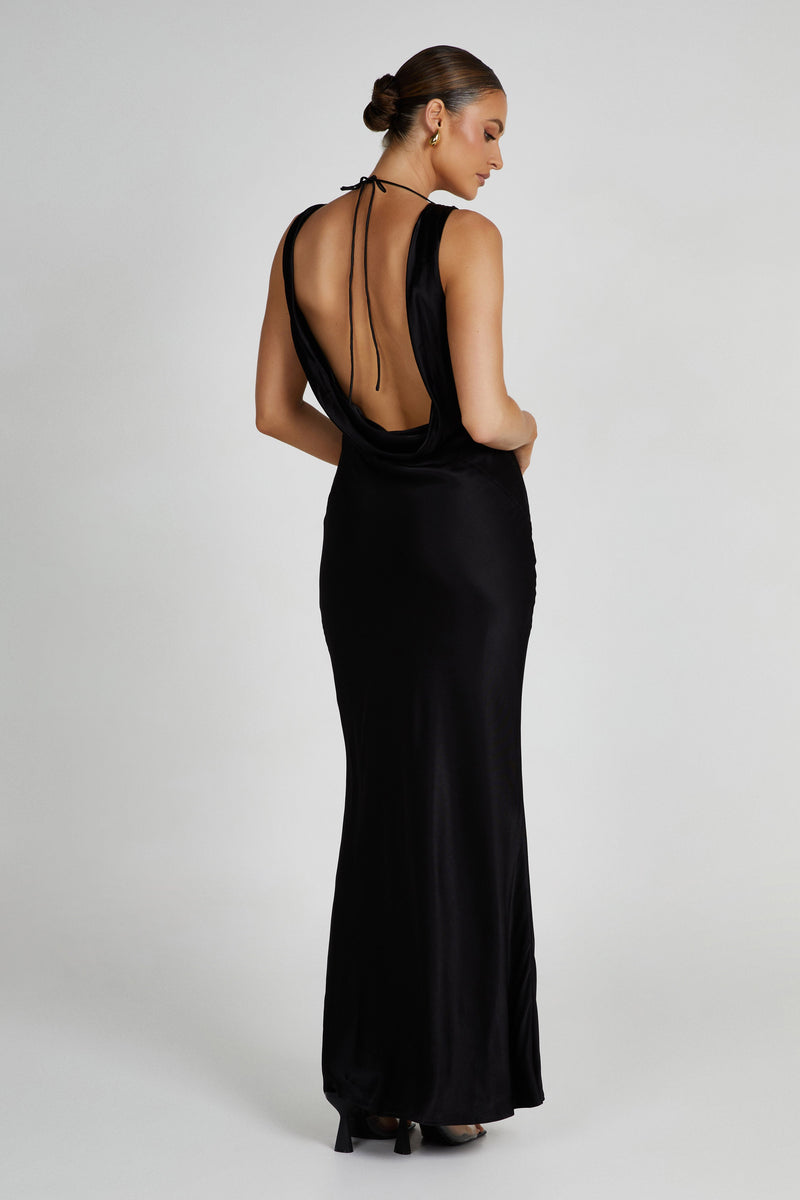 Angelique Satin Strapless Fold Over Maxi Dress in Black