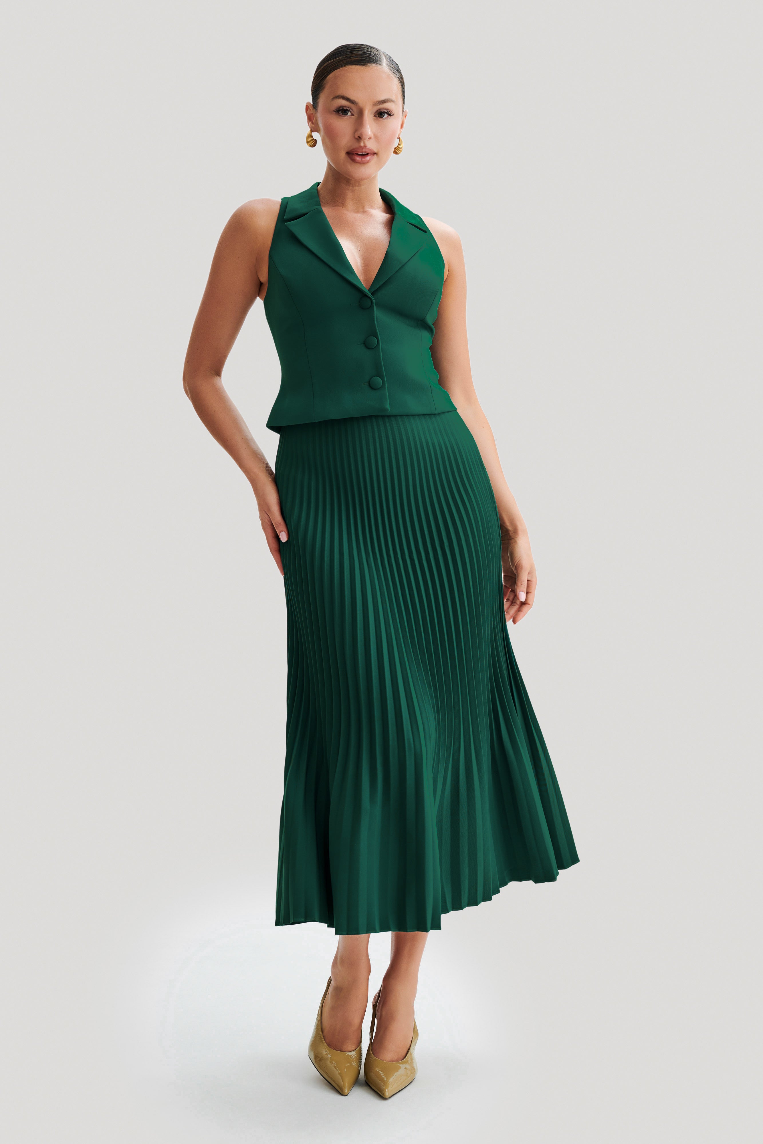 Twyla Pleated Suiting Maxi Skirt - Forest Green XXS