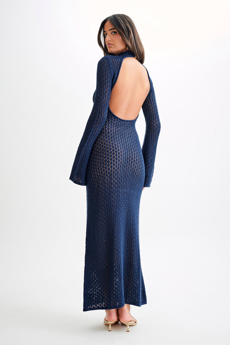 Julia Crochet Open Back Maxi Dress Navy Meshki U S