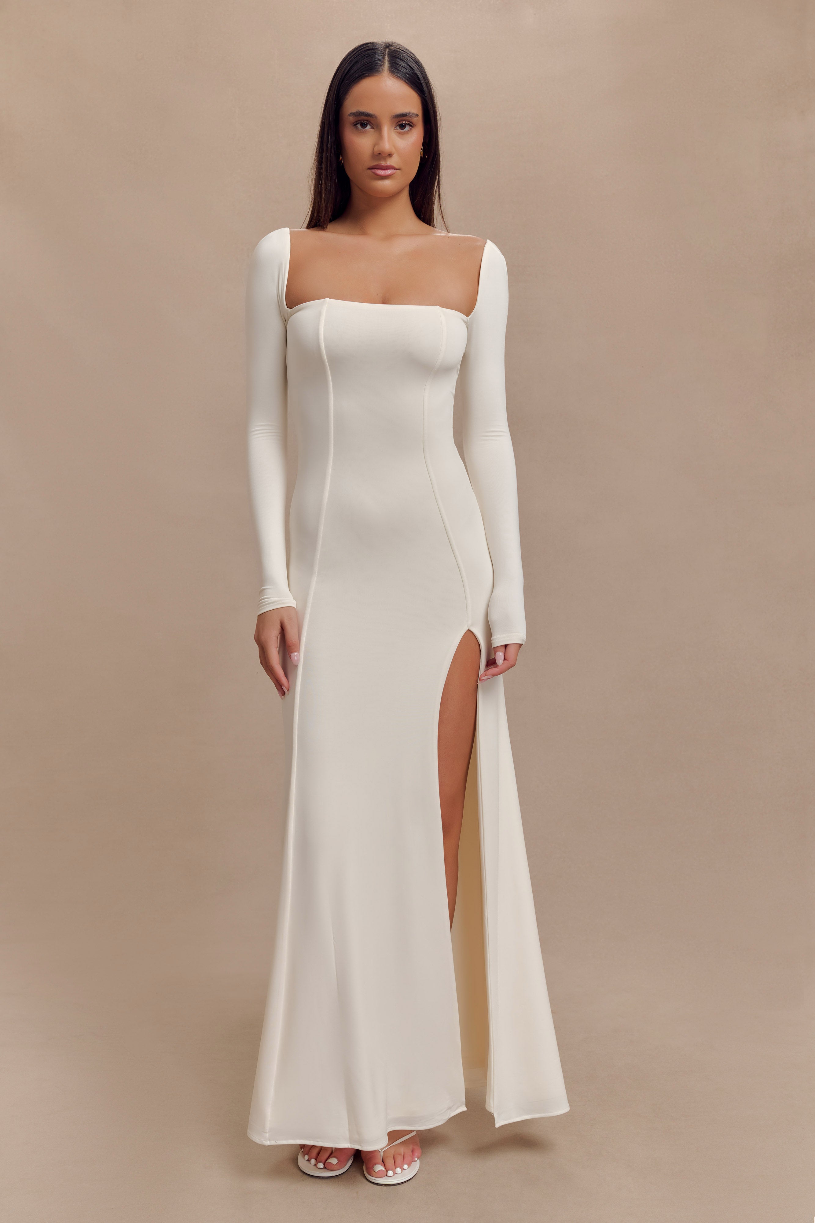 Desirie Slinky Long Sleeve Maxi Dress With Split - Ivory | MESHKI U.S