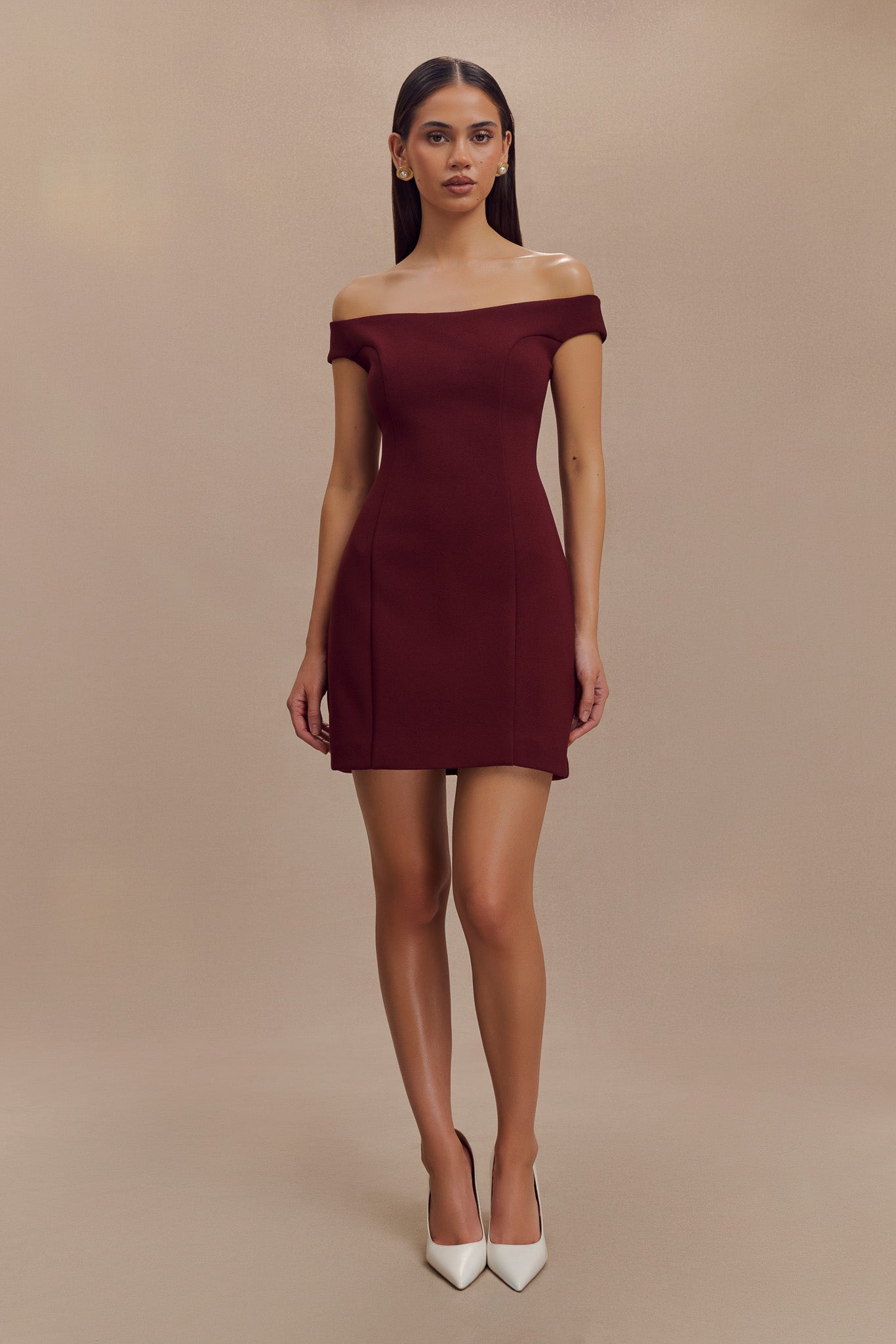 WNT Cassidy Crepe Off Shoulder Mini Dress Merlot MESHKI Size Xs Afterpay Available Women s Fashion Brand