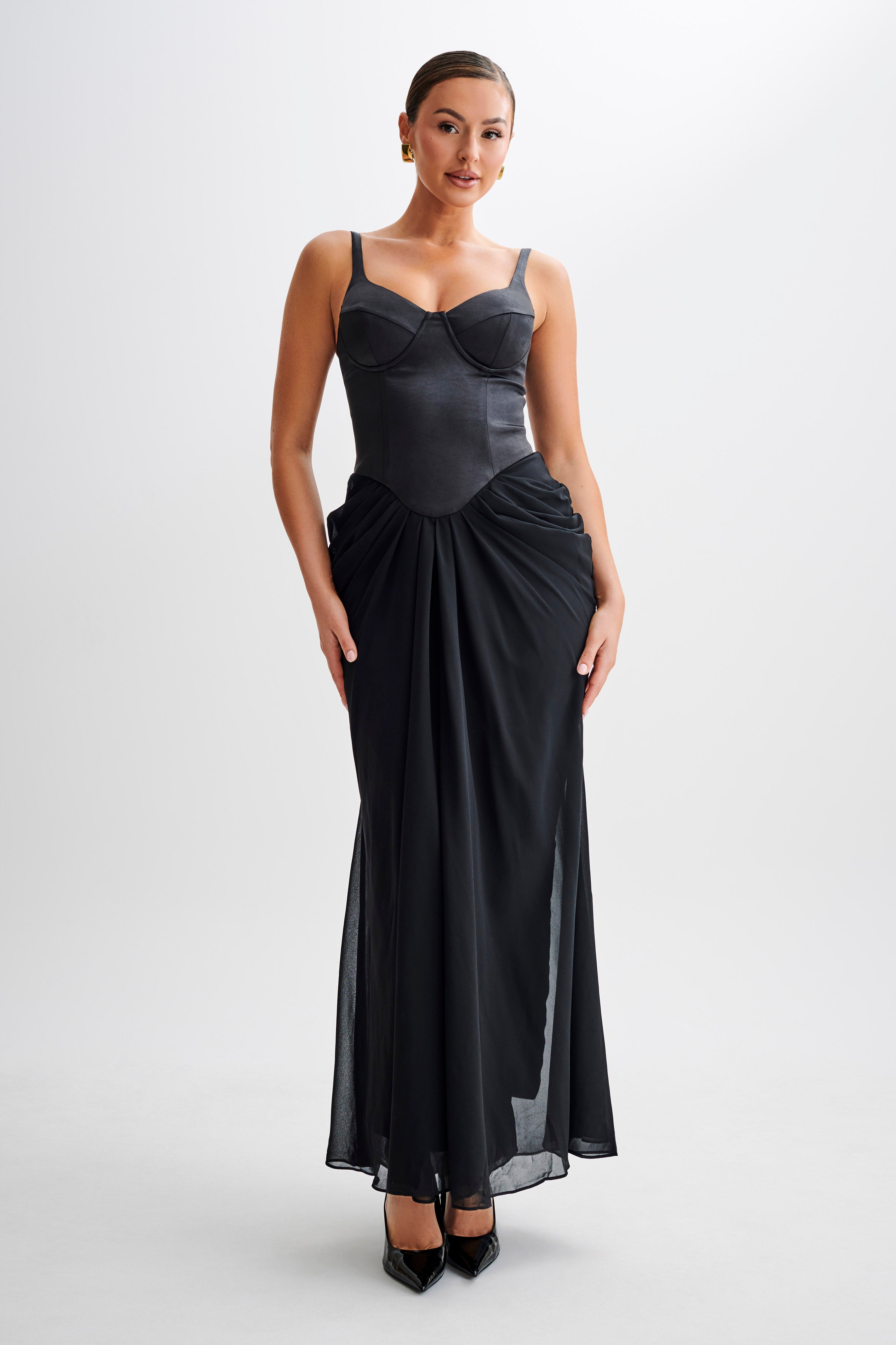 Leila Satin Corset Maxi Dress - Black | MESHKI U.S