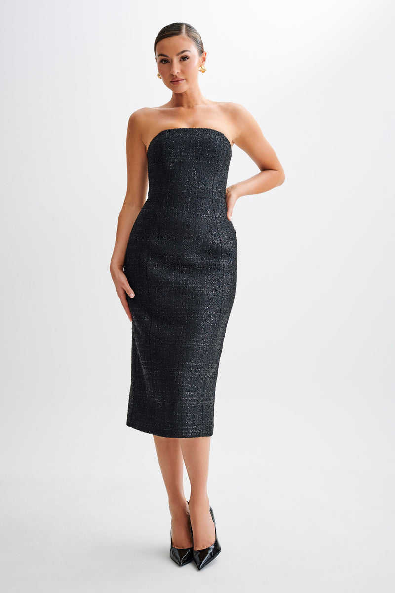 Monet Tweed Strapless Midi Dress - Black - Meshki U.s