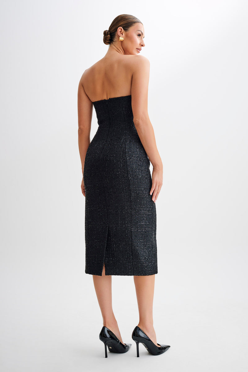 Monet Tweed Strapless Midi Dress - Black - Meshki U.s