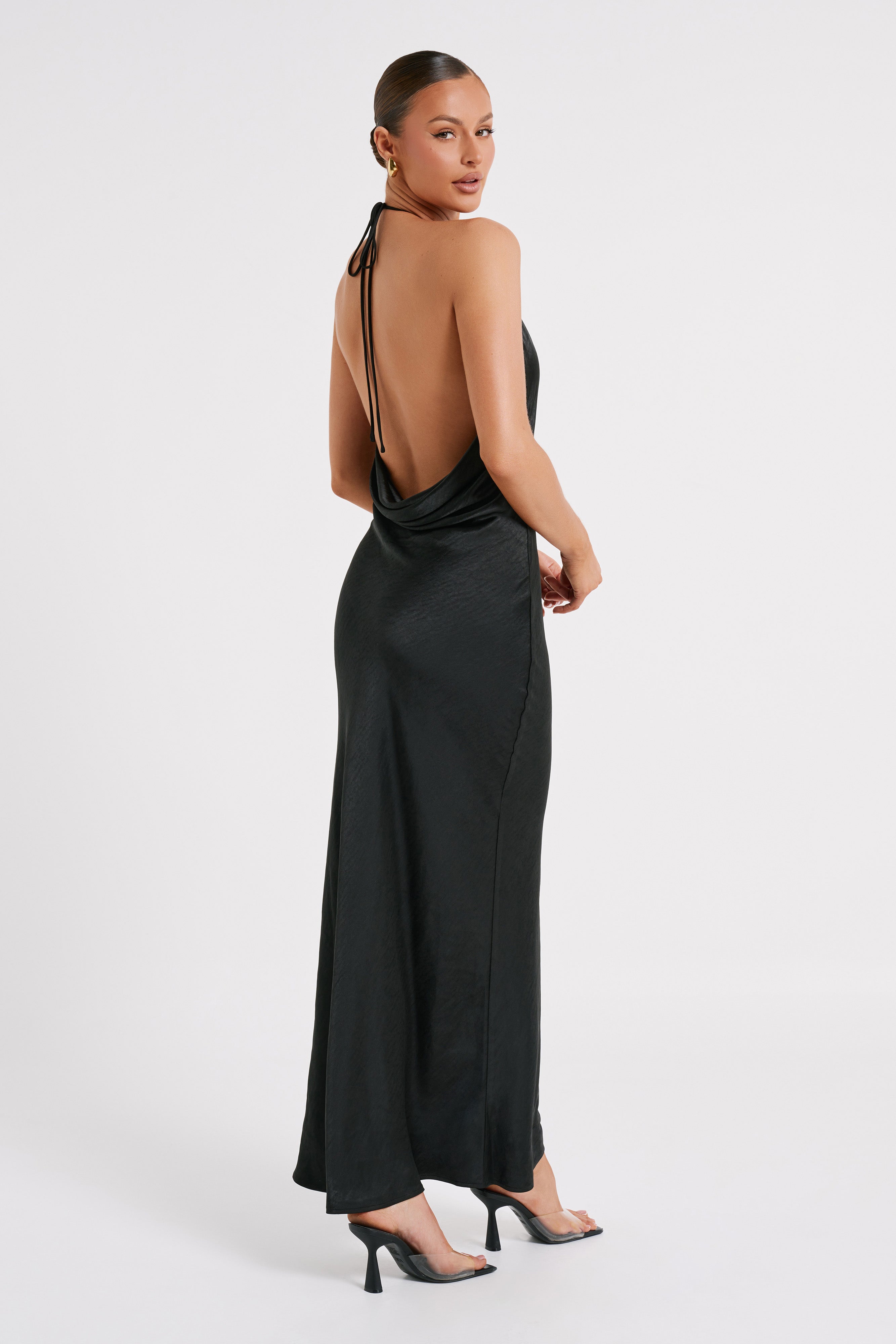 Black satin backless dress hotsell