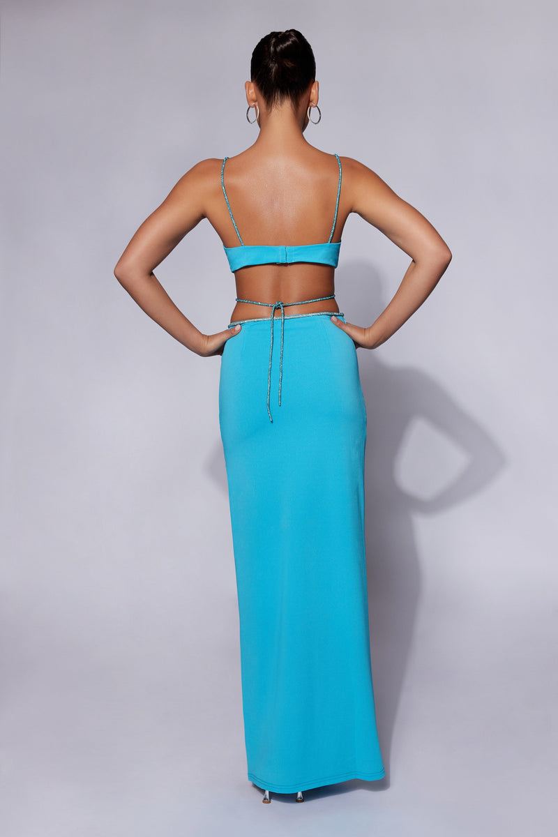 Sweeney Diamante Maxi Skirt With Split - Cyan Blue