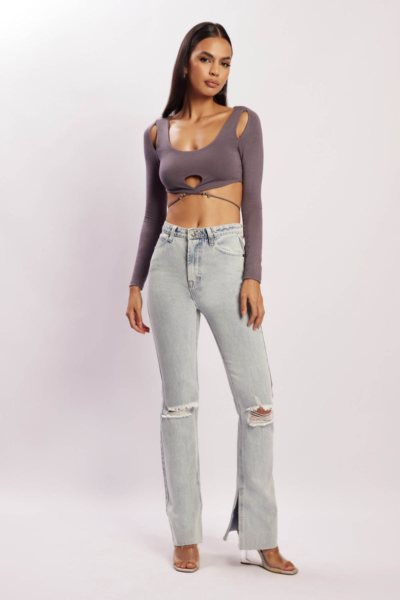 HUDSON MESH SLEEVE CUT-OUT CROP TOP #MADEBYLOVET (PEACAN BROWN