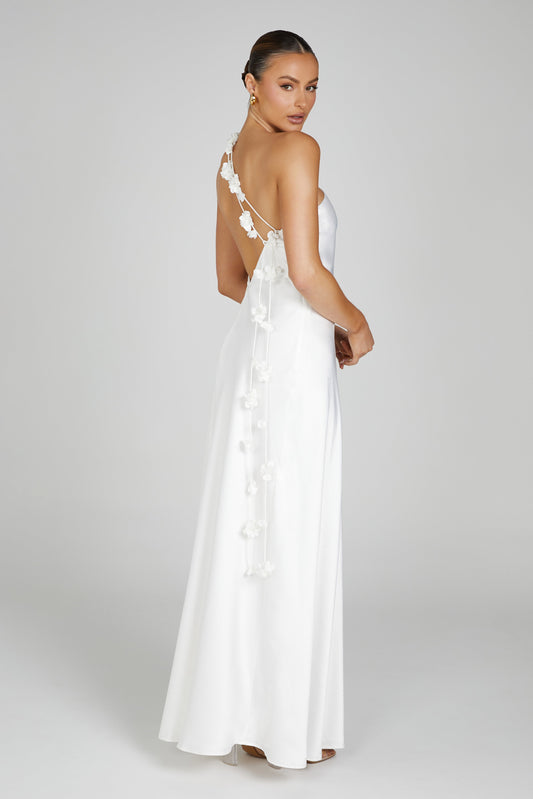 Rebecca One Shoulder Rose Maxi Dress - White