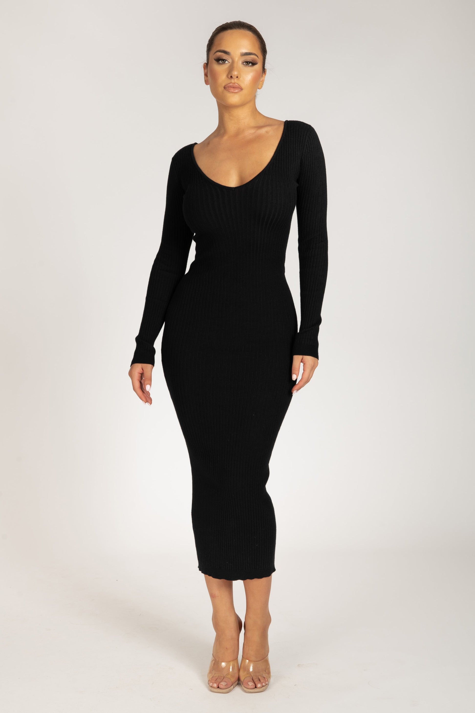 Nina Long Sleeve Knit Midi Dress - Black - MESHKI U.S