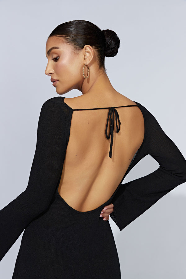 Zahra Long Sleeve Open Back Mini Knit Dress - Wheat - MESHKI