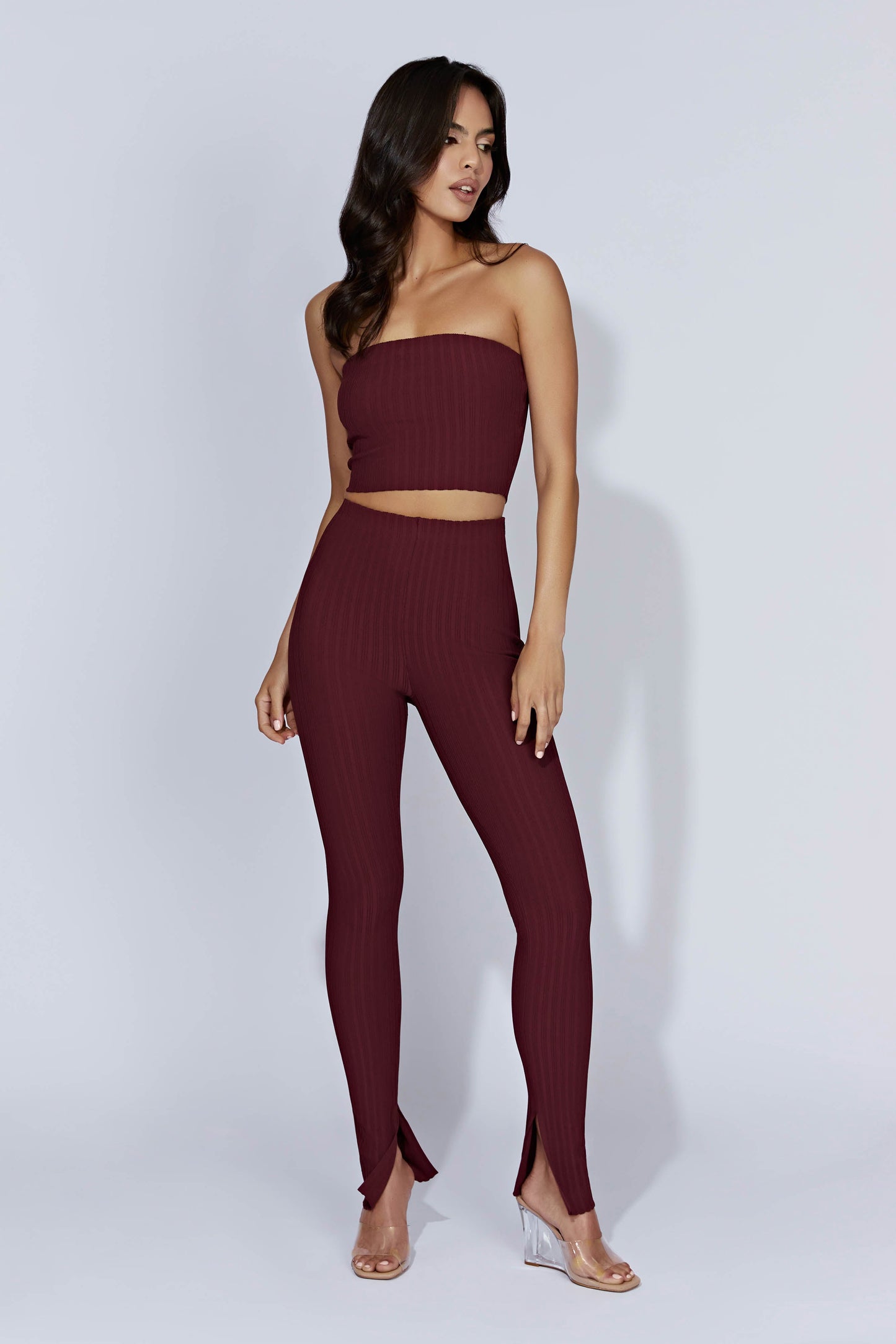 Jordi Side Split Knit Leggings - Cherry Chocolate