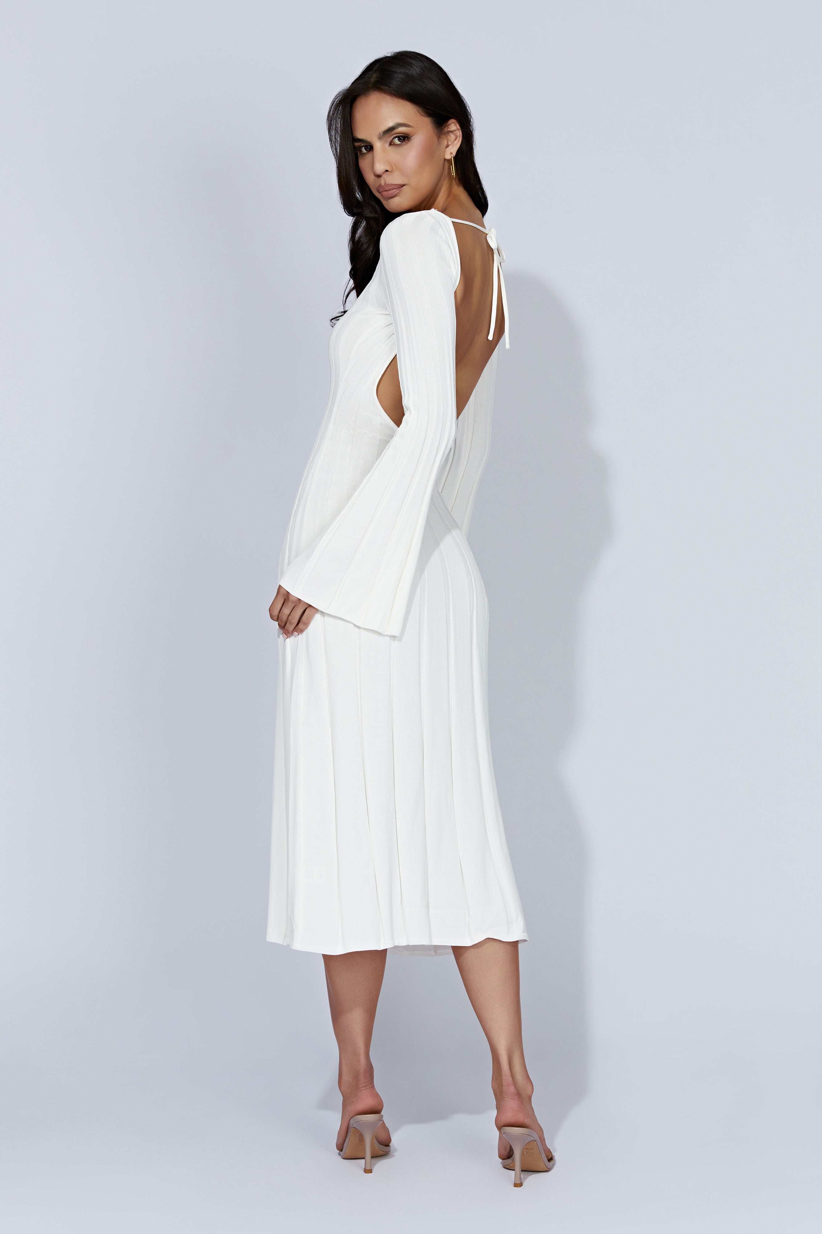Juniper Flare Sleeve Knit Midi Dress - White - MESHKI U.S