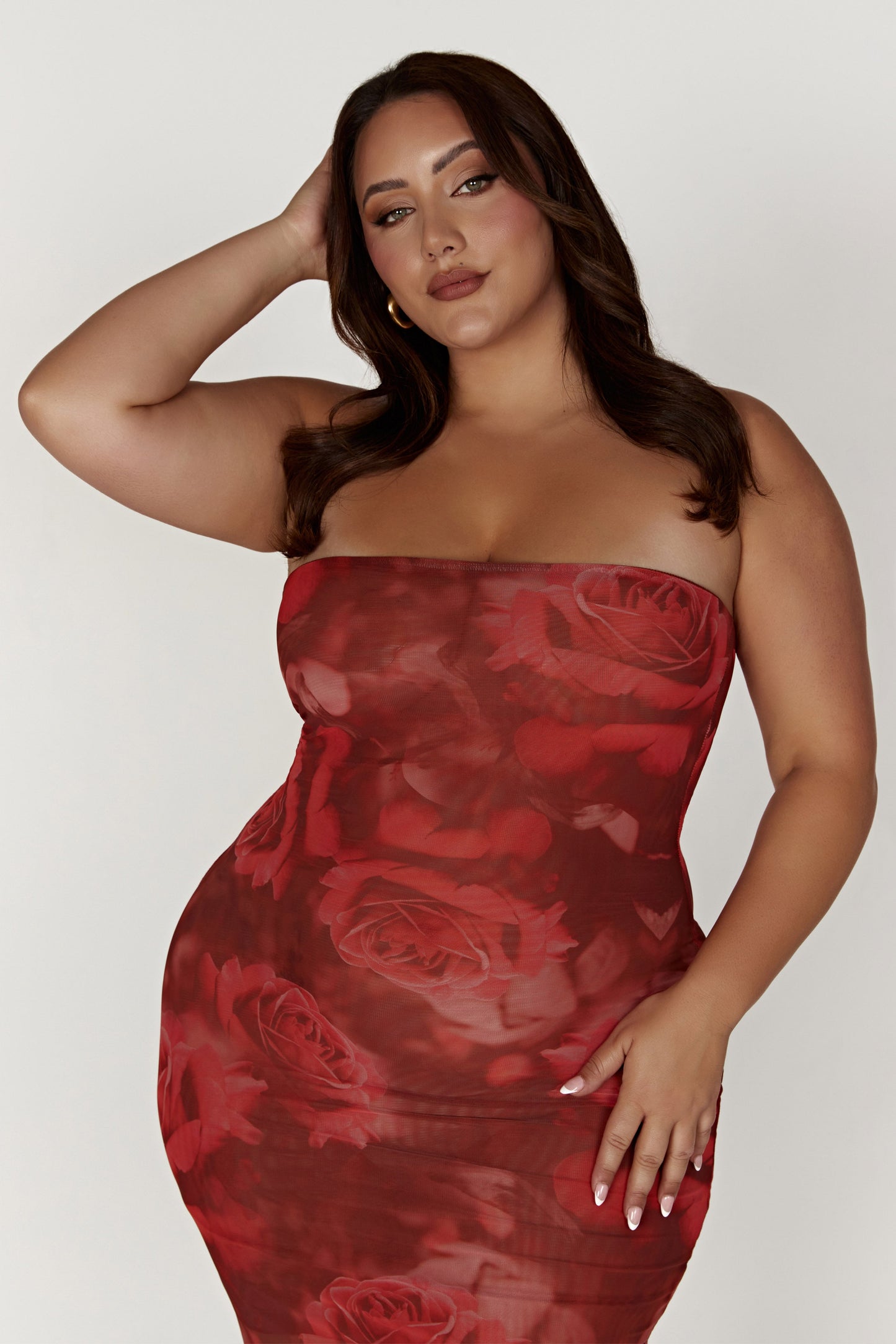 Aphrodite Strapless Mesh Dress - Oversized Rose Print