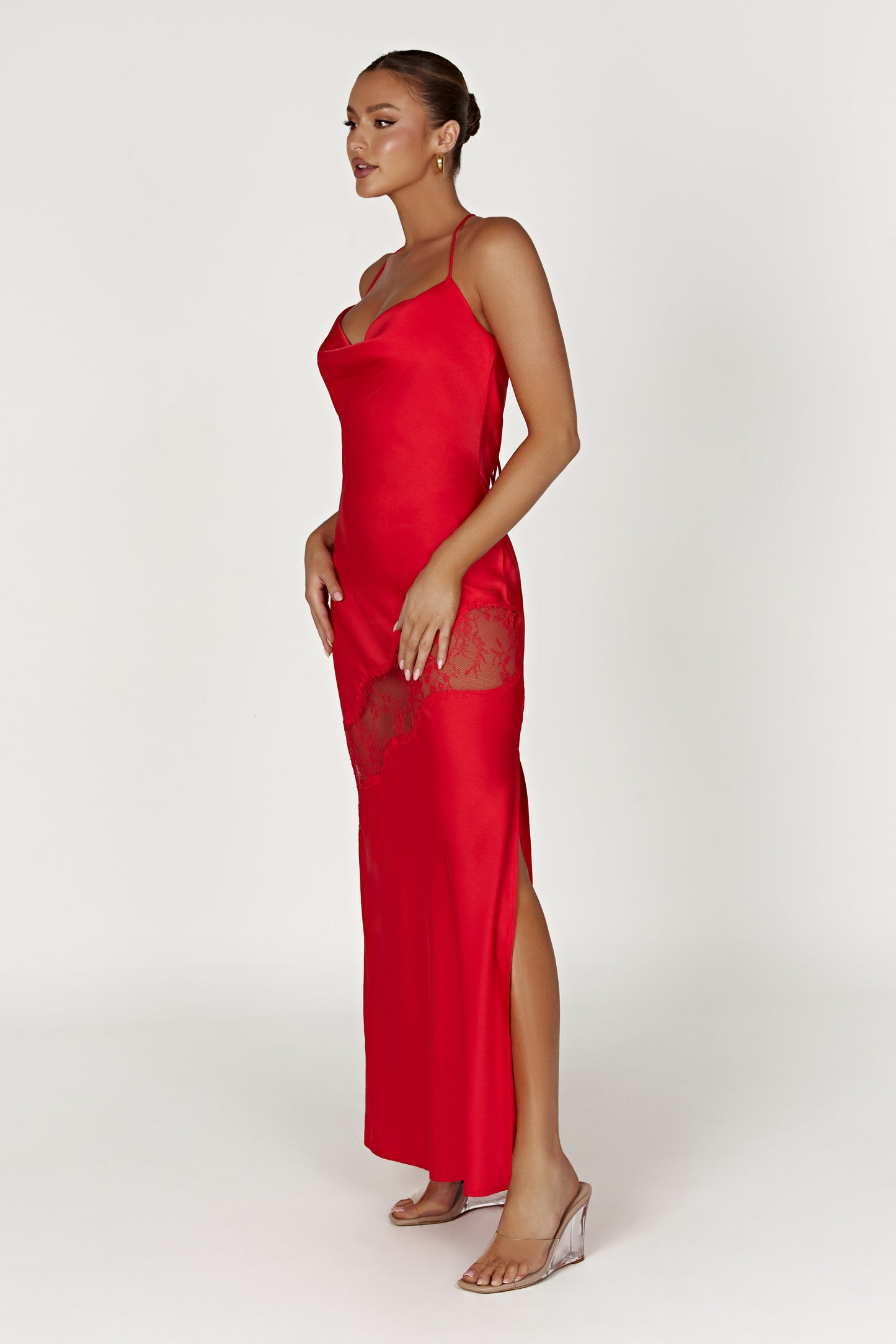 Chandra Lace Detail Satin Maxi Dress - Red