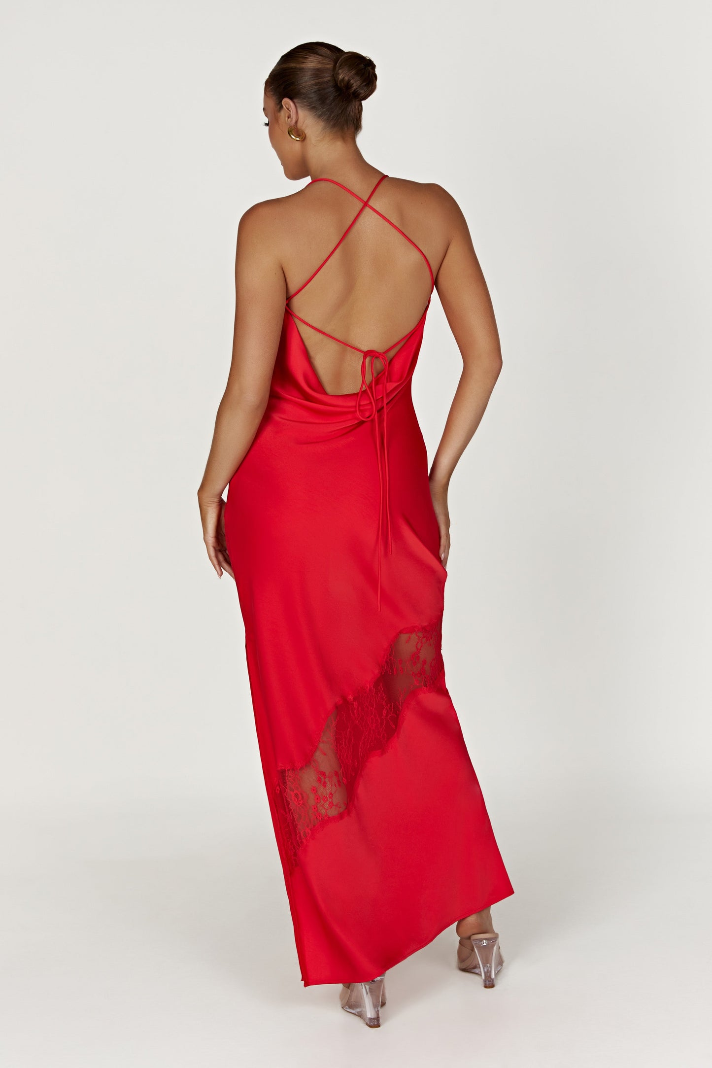 Chandra Lace Detail Satin Maxi Dress - Red