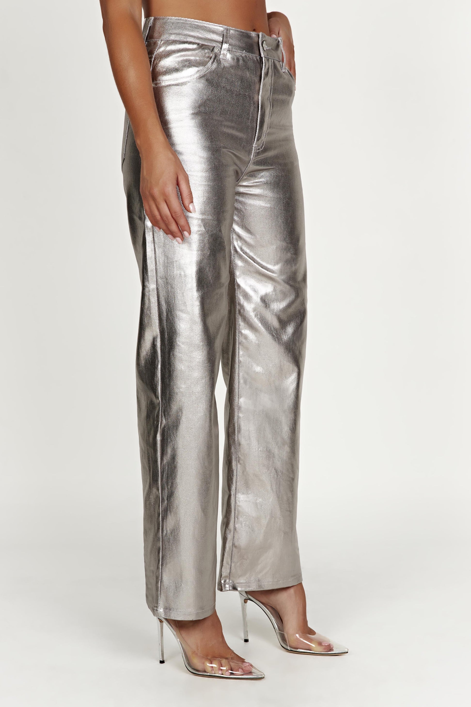 Minnie Metallic Straight Jean - Silver - MESHKI U.S