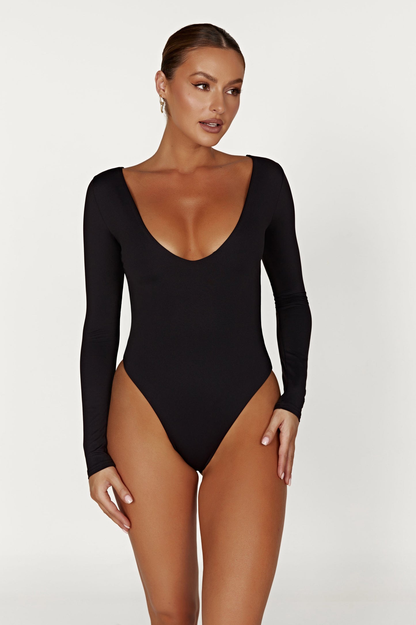 Nia Long Sleeve V Neck Bodysuit - Black