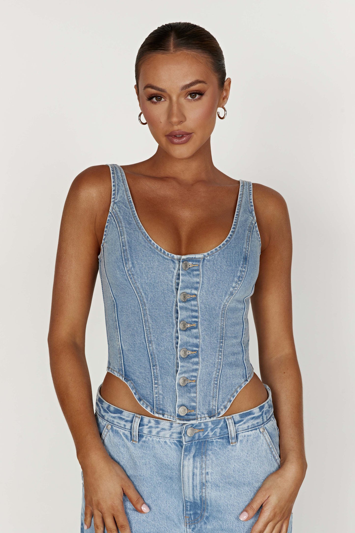 Leilani Corset Denim Top - Mid Blue