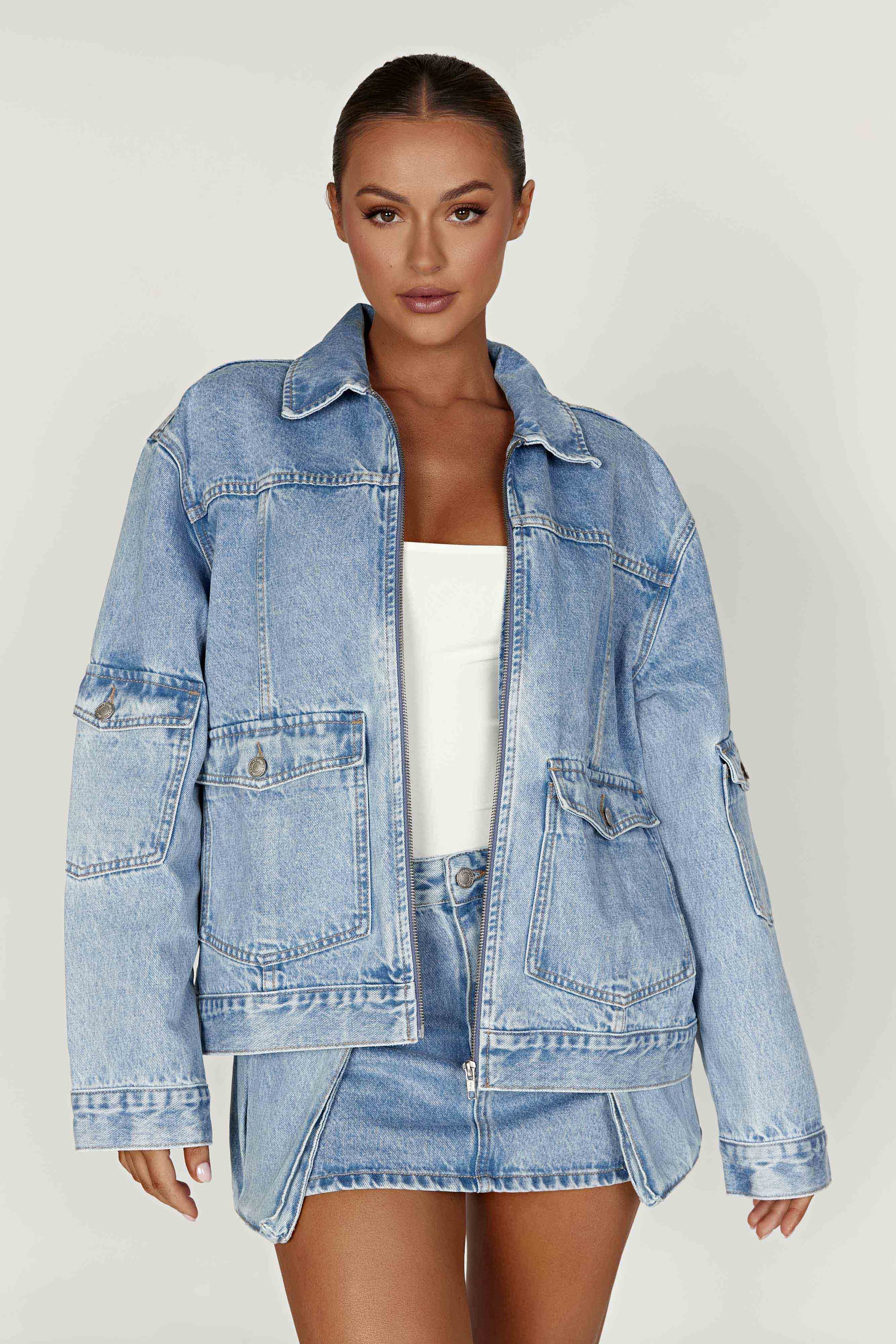 Rylee Oversized Denim Jacket - Mid Blue - MESHKI U.S