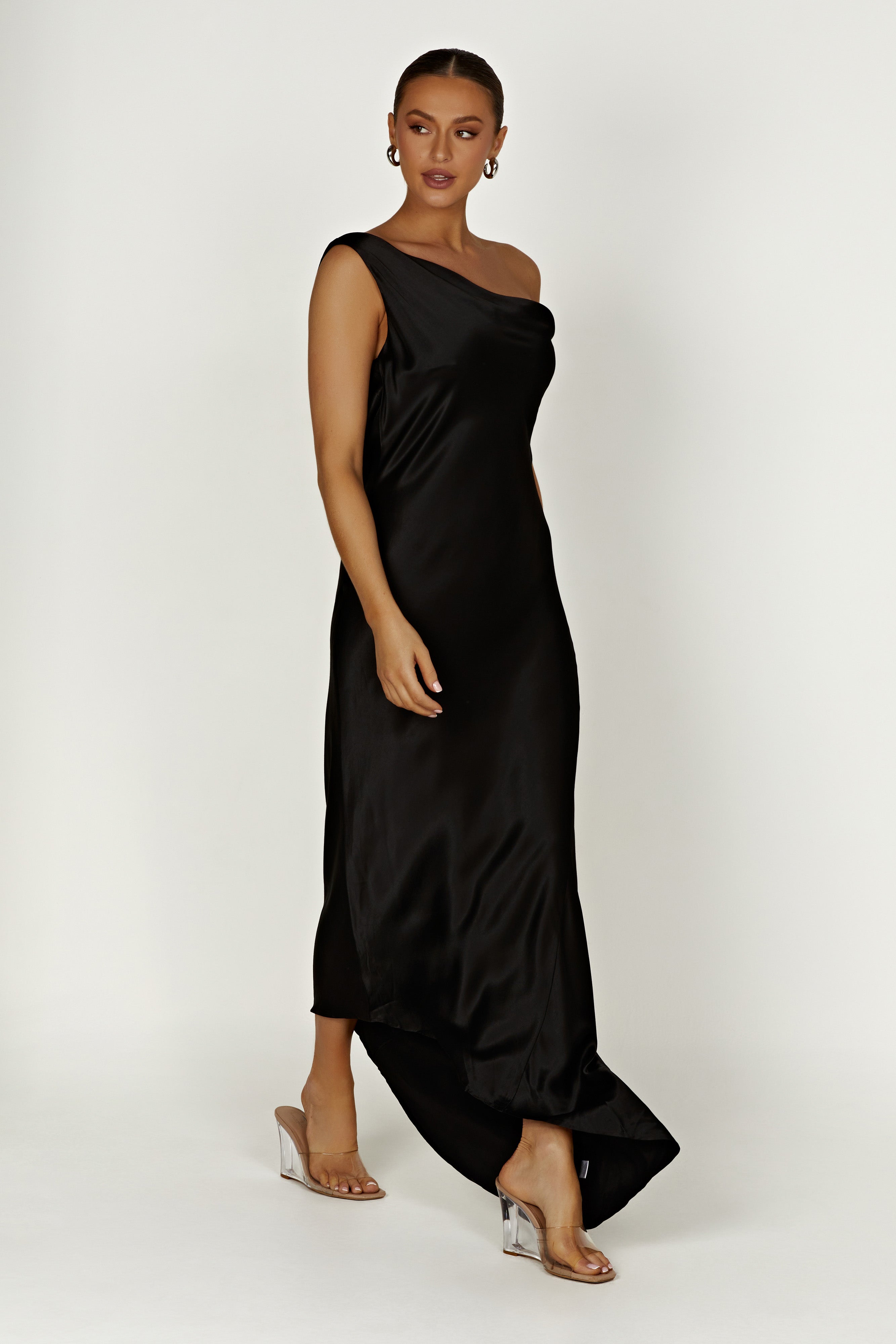 Muche Et Muchette asymmetrical/hi-low deals black satin dress. One size fits most