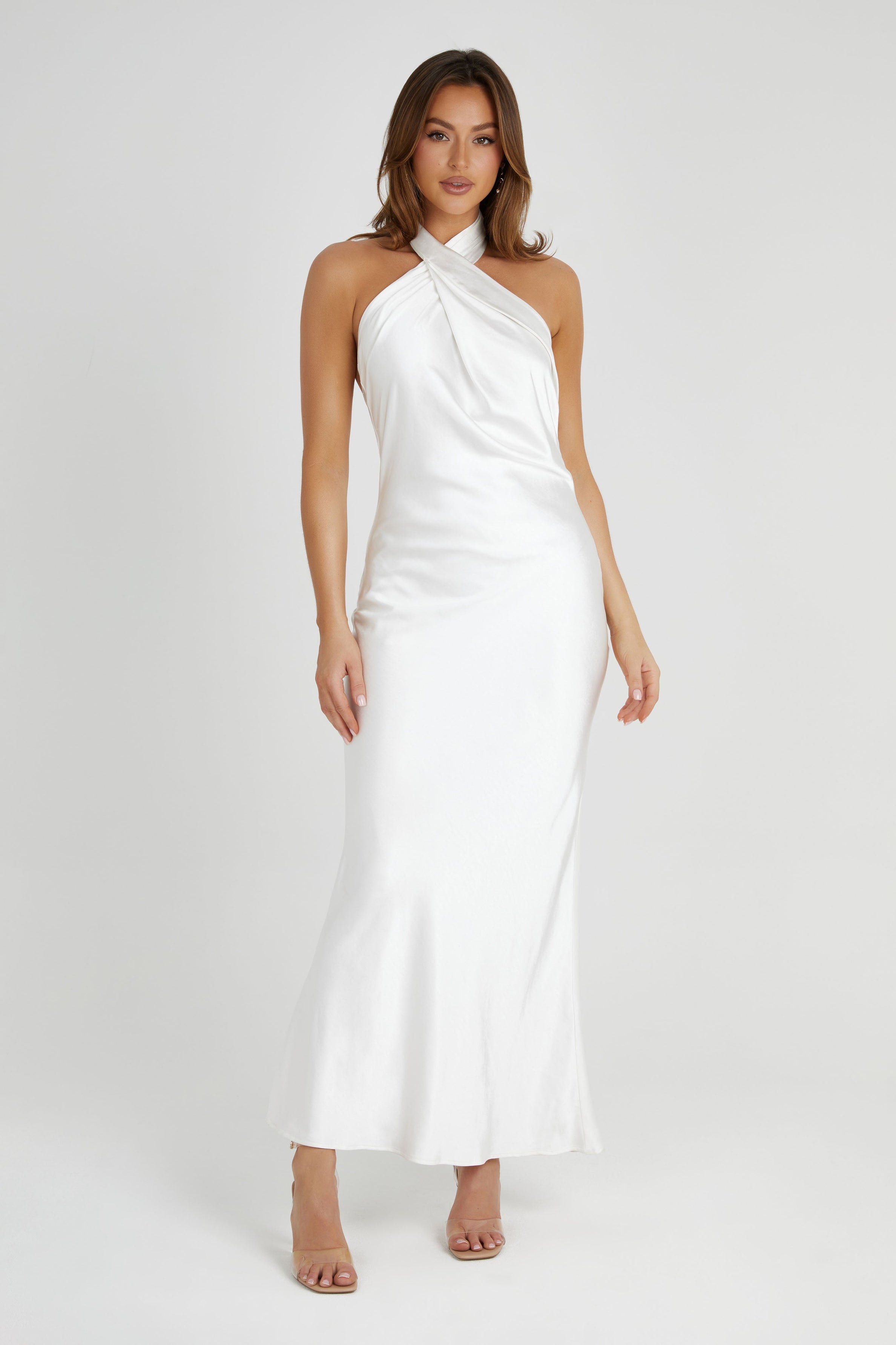 Laura Halter Satin Gown - White- MESHKI U.S