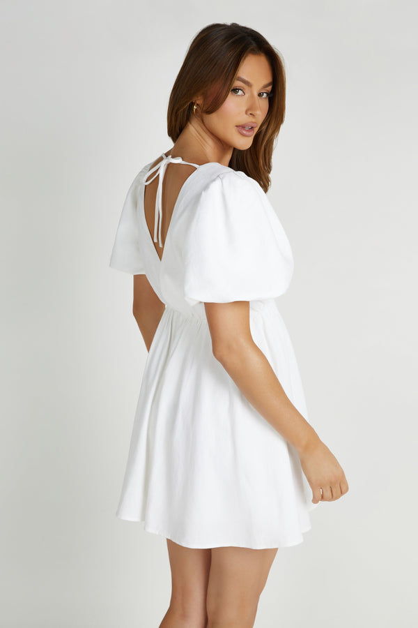 Myrah Puff Sleeve Linen Mini Dress - White - MESHKI U.S