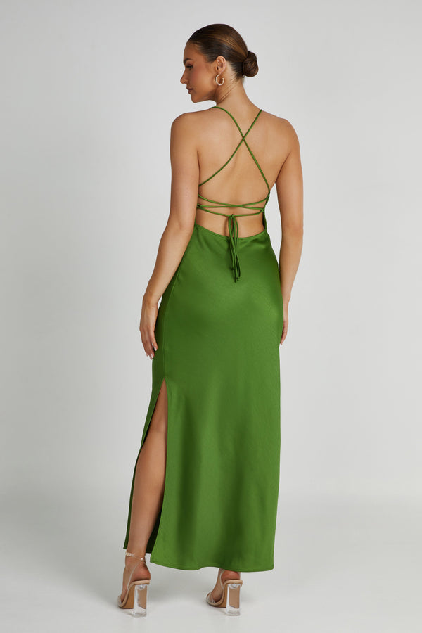 Olive Green Long Dress, Olive Green Tied Back Dress, Olive Green Slit Slip  Dress, Khaki Long Skirt Dress, Silk Maxi Dress, Green Long Dress -   Canada