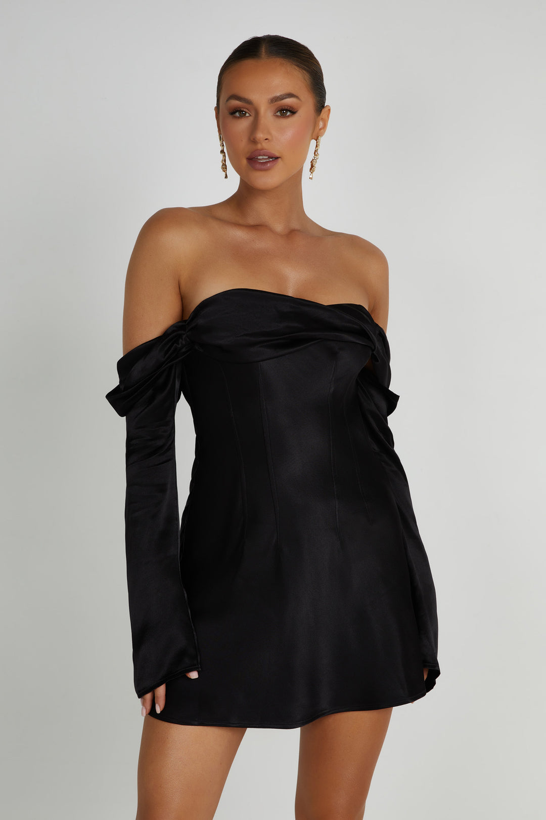 Giselle Off Shoulder Satin Mini Dress - Black- MESHKI U.S