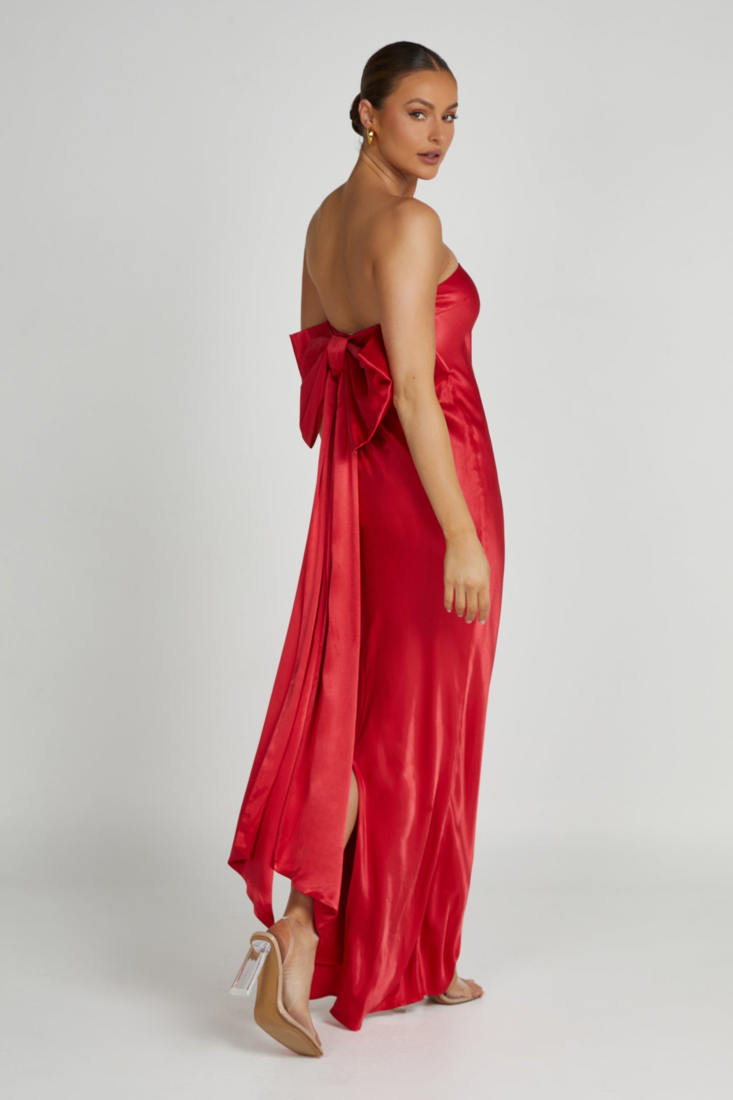 Rochelle Bow Back Satin Maxi Dress - Red