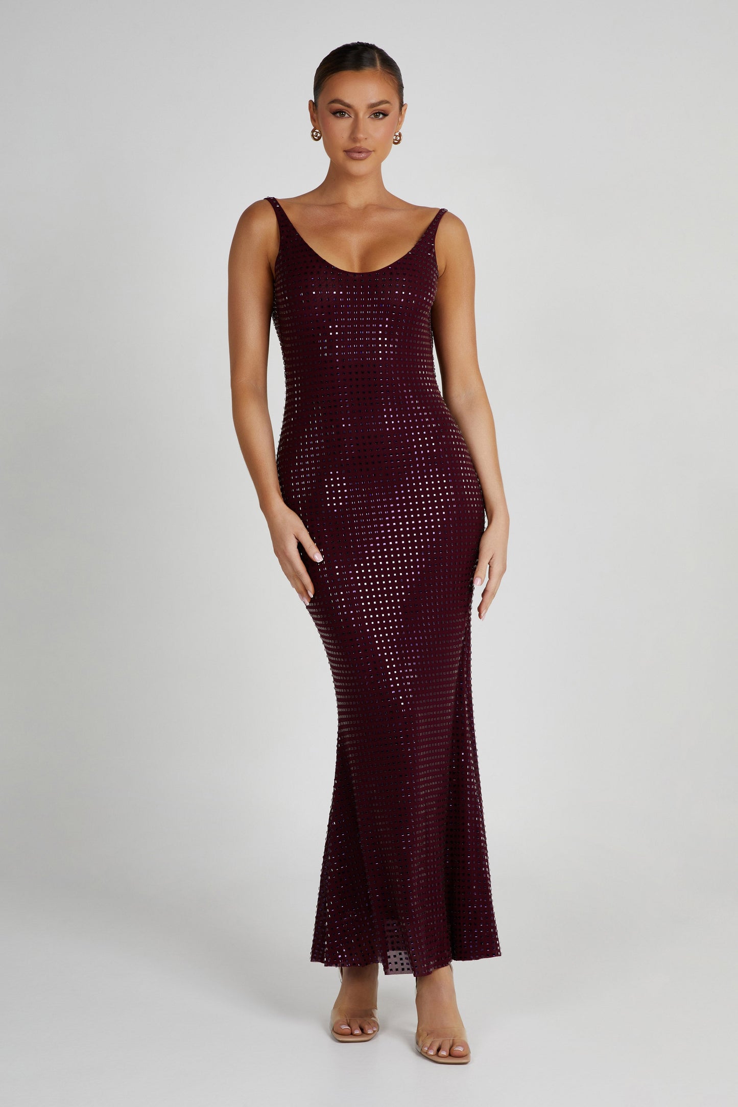 Pam Square Diamante Maxi Dress - Berry