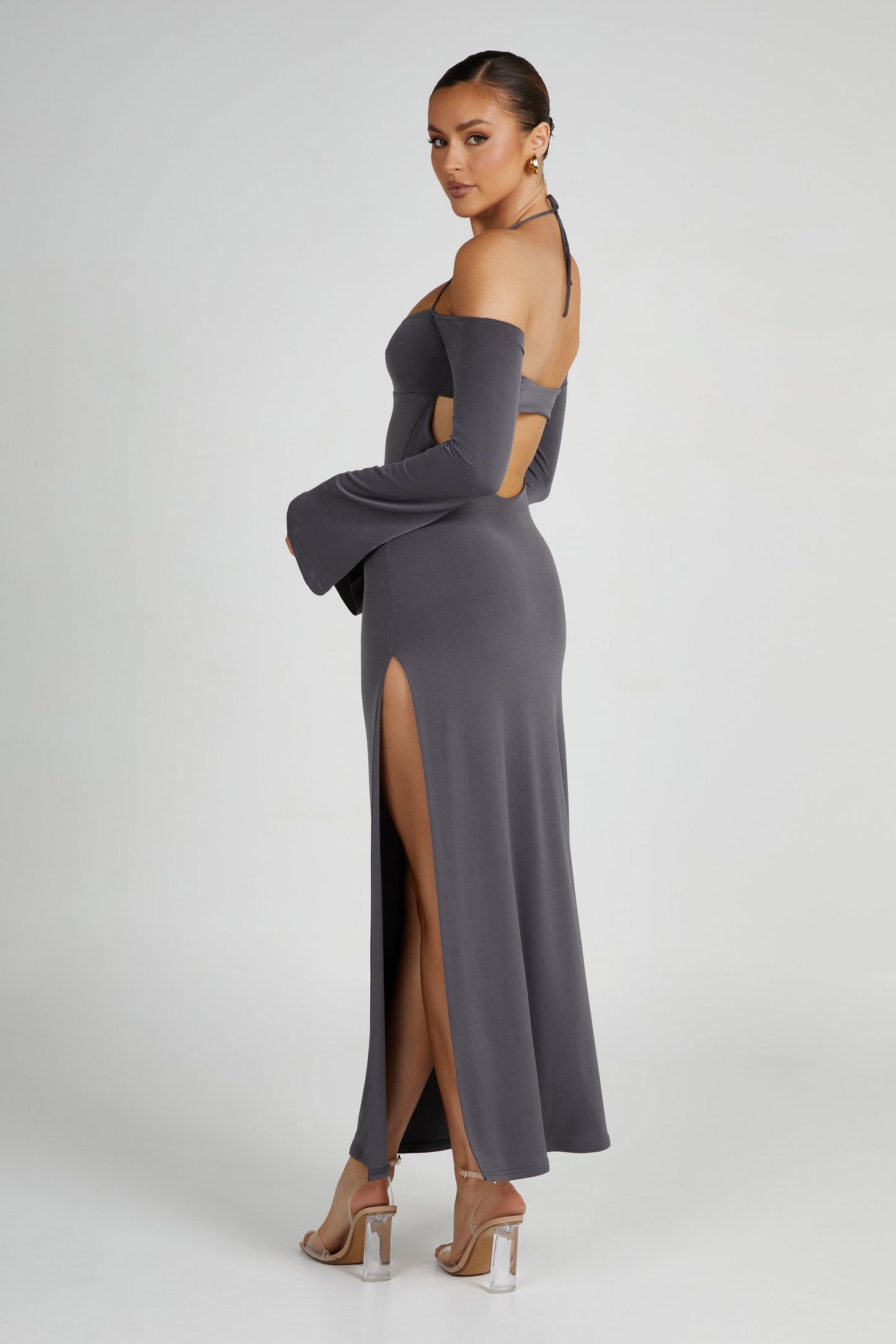 Tia Slinky Off Shoulder Maxi Dress - Charcoal