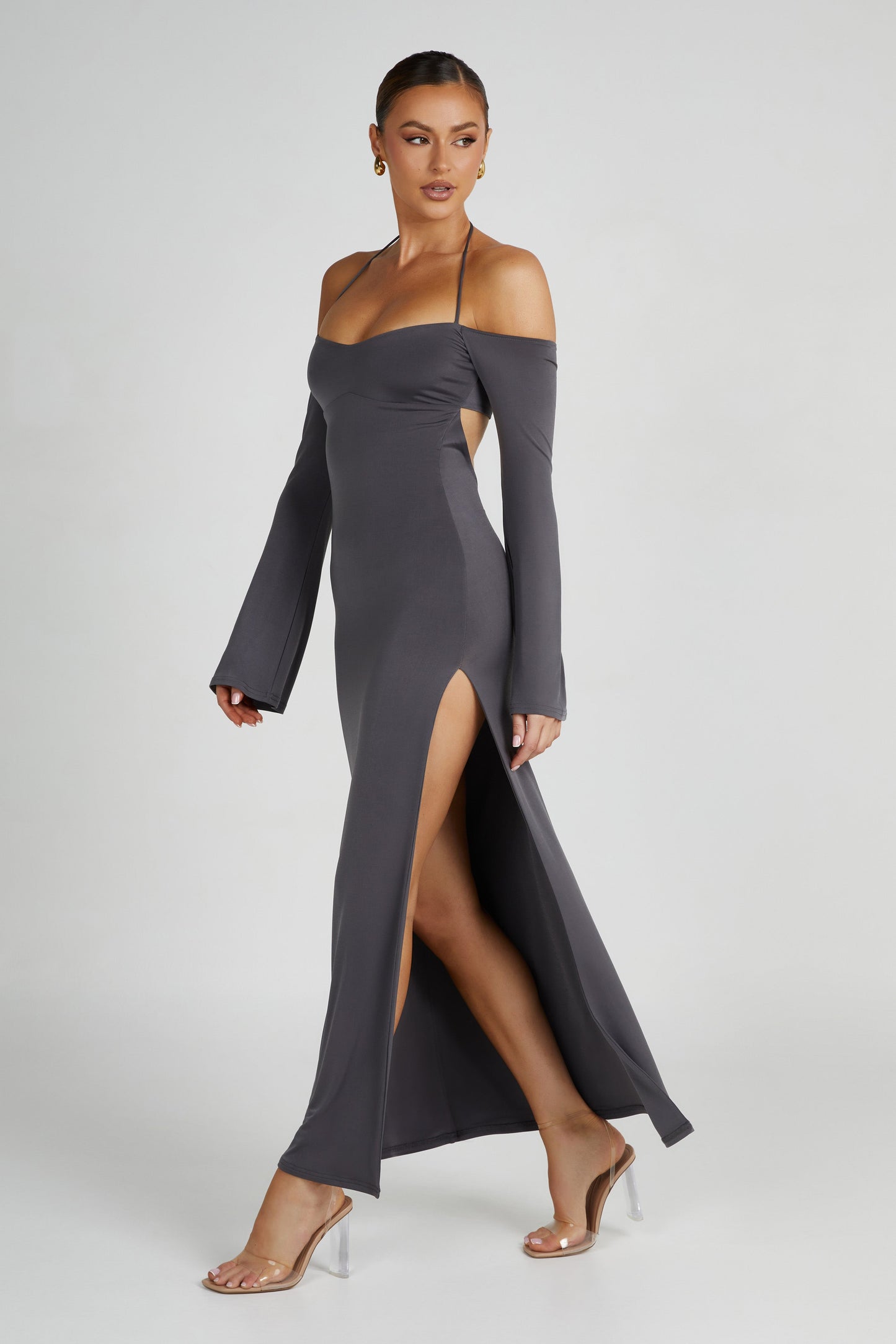 Tia Slinky Off Shoulder Maxi Dress - Charcoal