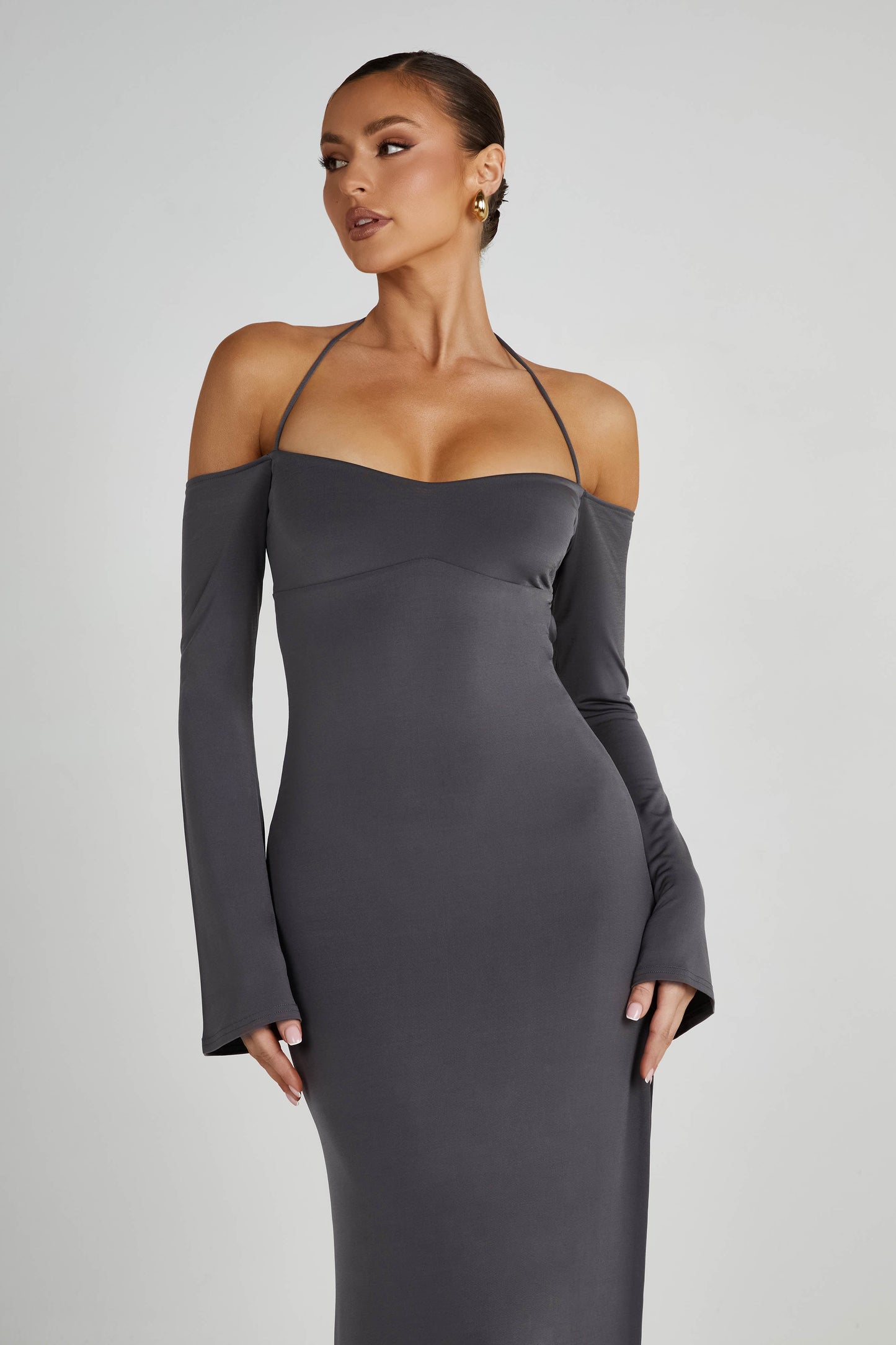 Tia Slinky Off Shoulder Maxi Dress - Charcoal