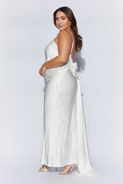 Kailey Low Back Maxi Dress With Detachable Bow Train - White - MESHKI U.S
