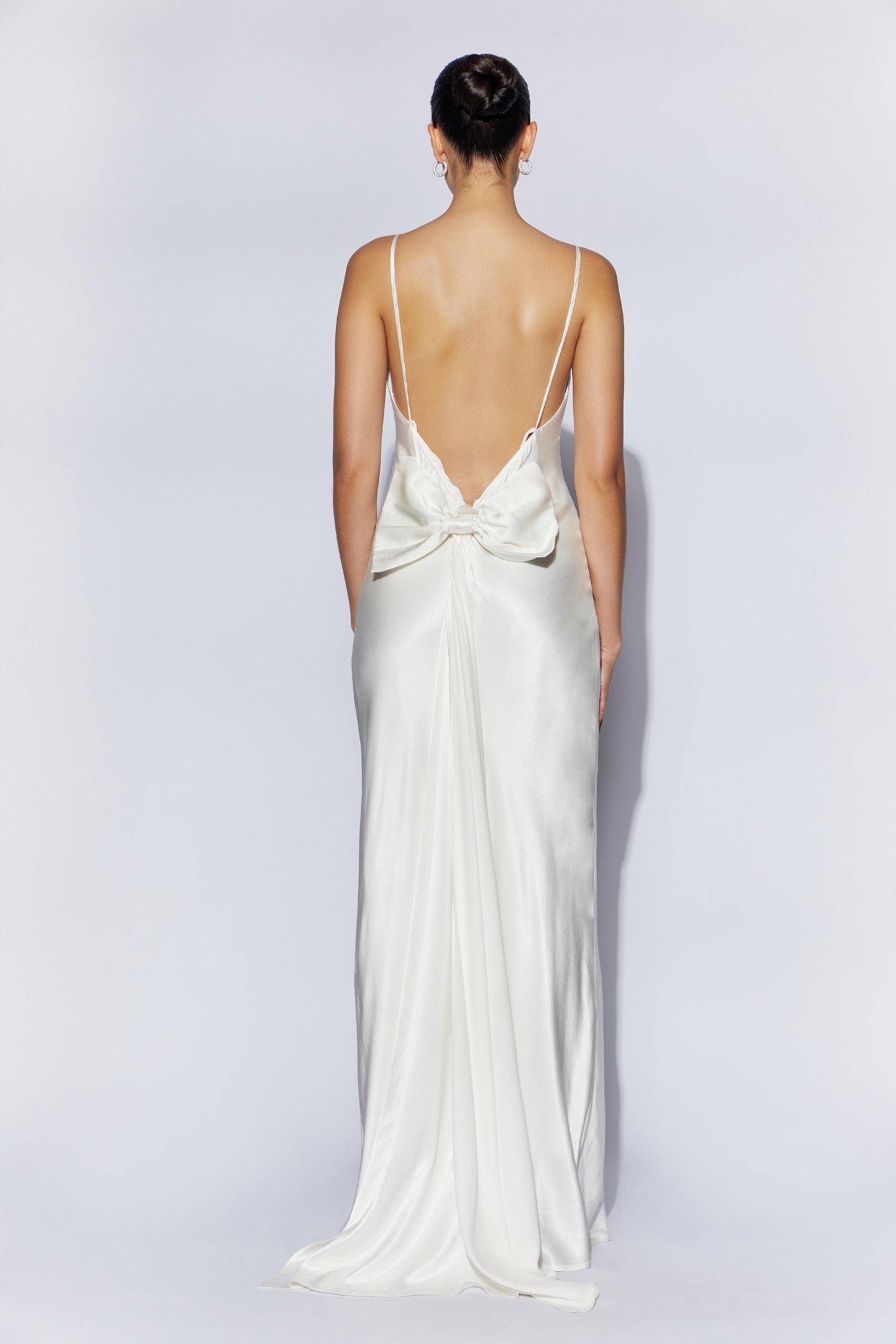 Kailey Low Back Maxi Dress With Detachable Bow Train - White