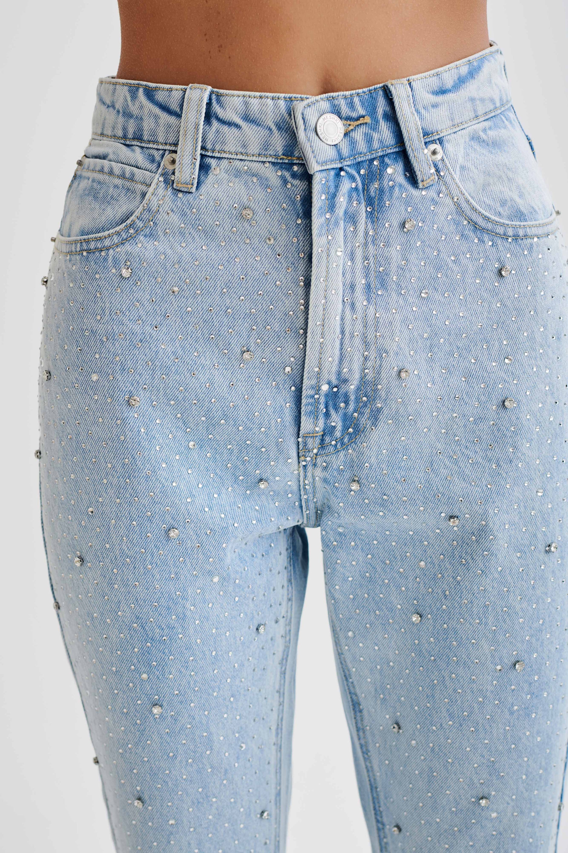 Lauren Embellished Straight Leg Jeans - Light Blue- MESHKI U.S