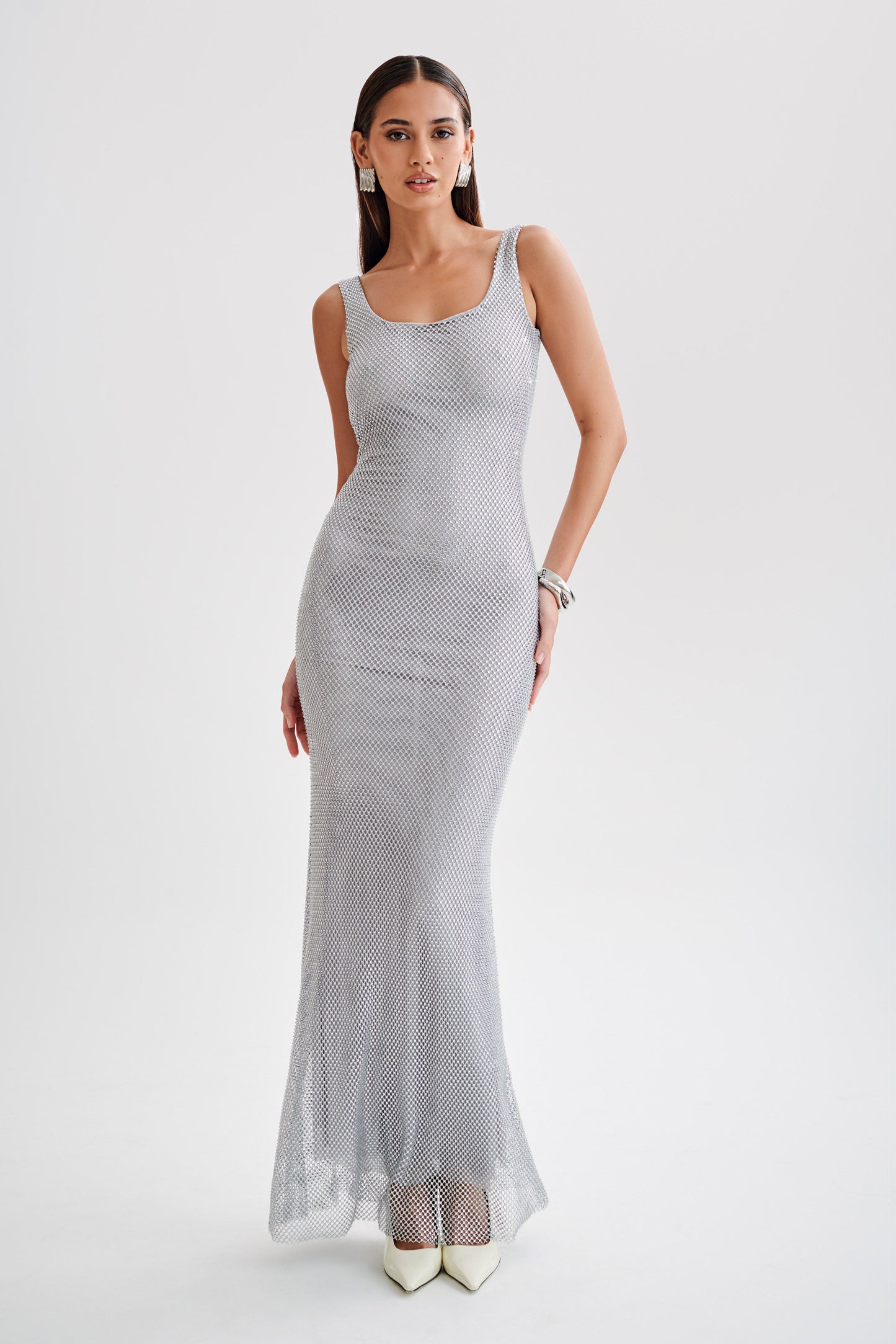 Annika Diamante Mesh Maxi Dress - Silver