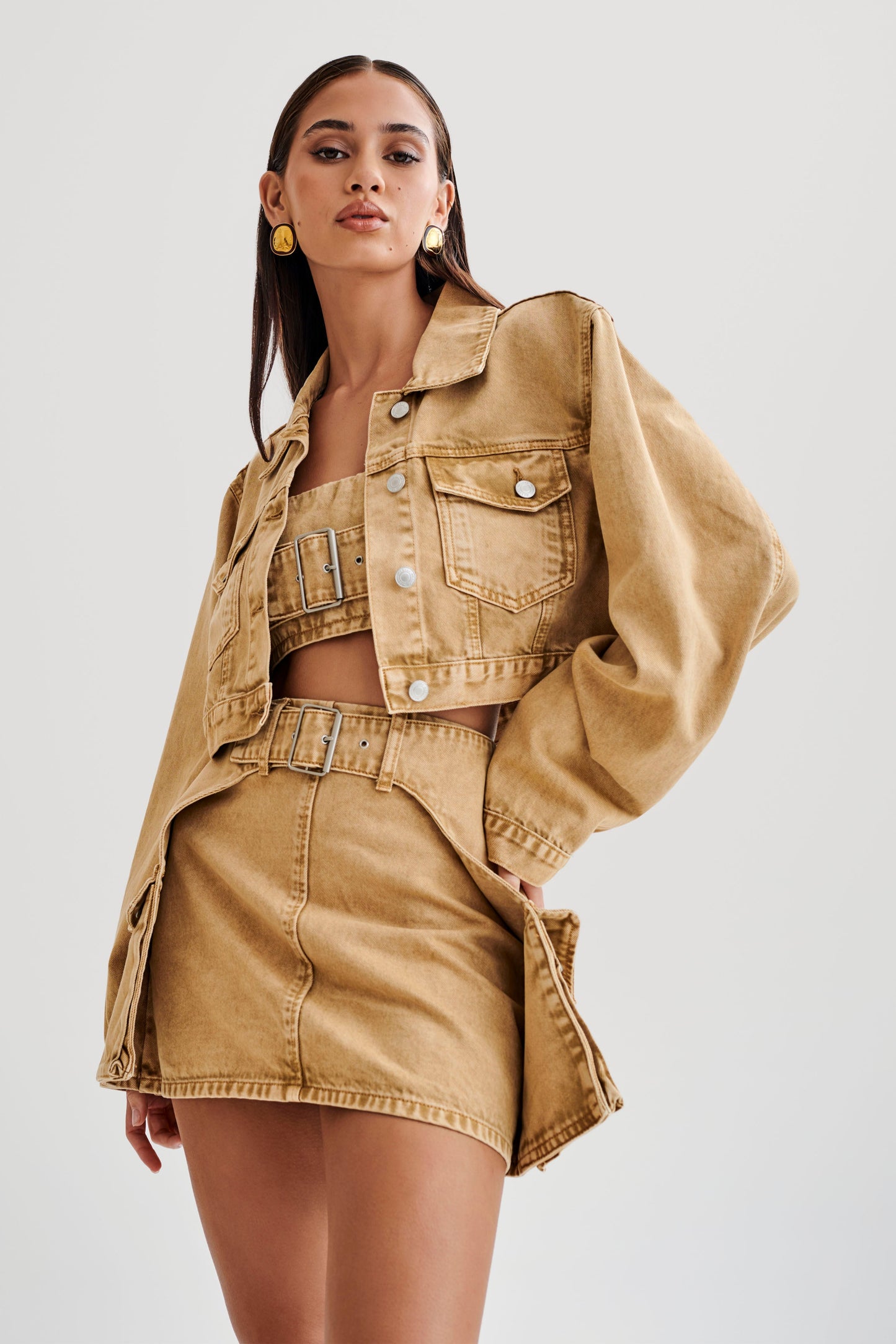 Rowena Denim Cropped Jacket - Tan Acid Wash