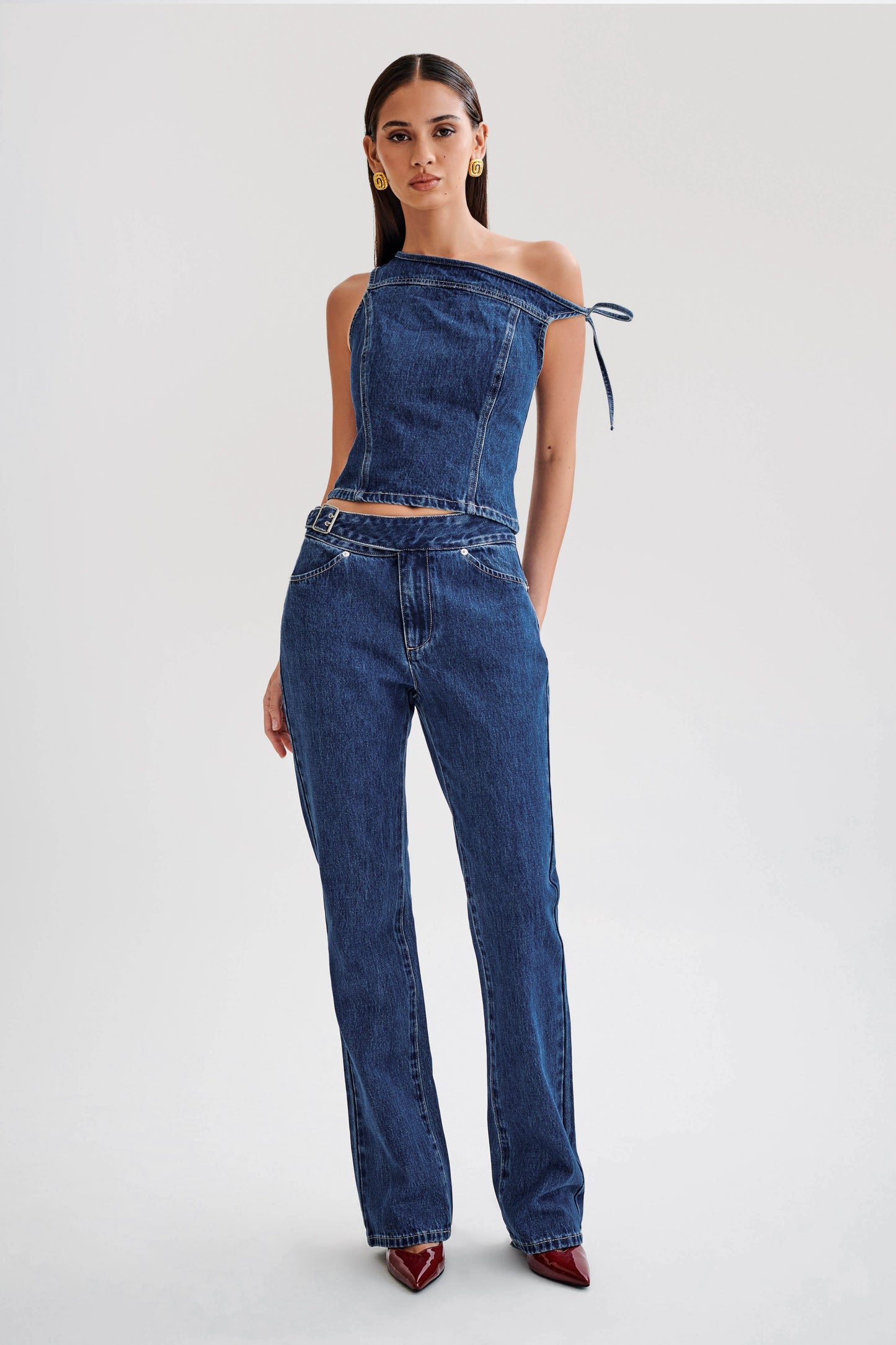 Romona Low Rise Buckle Denim Jean - Dark Blue