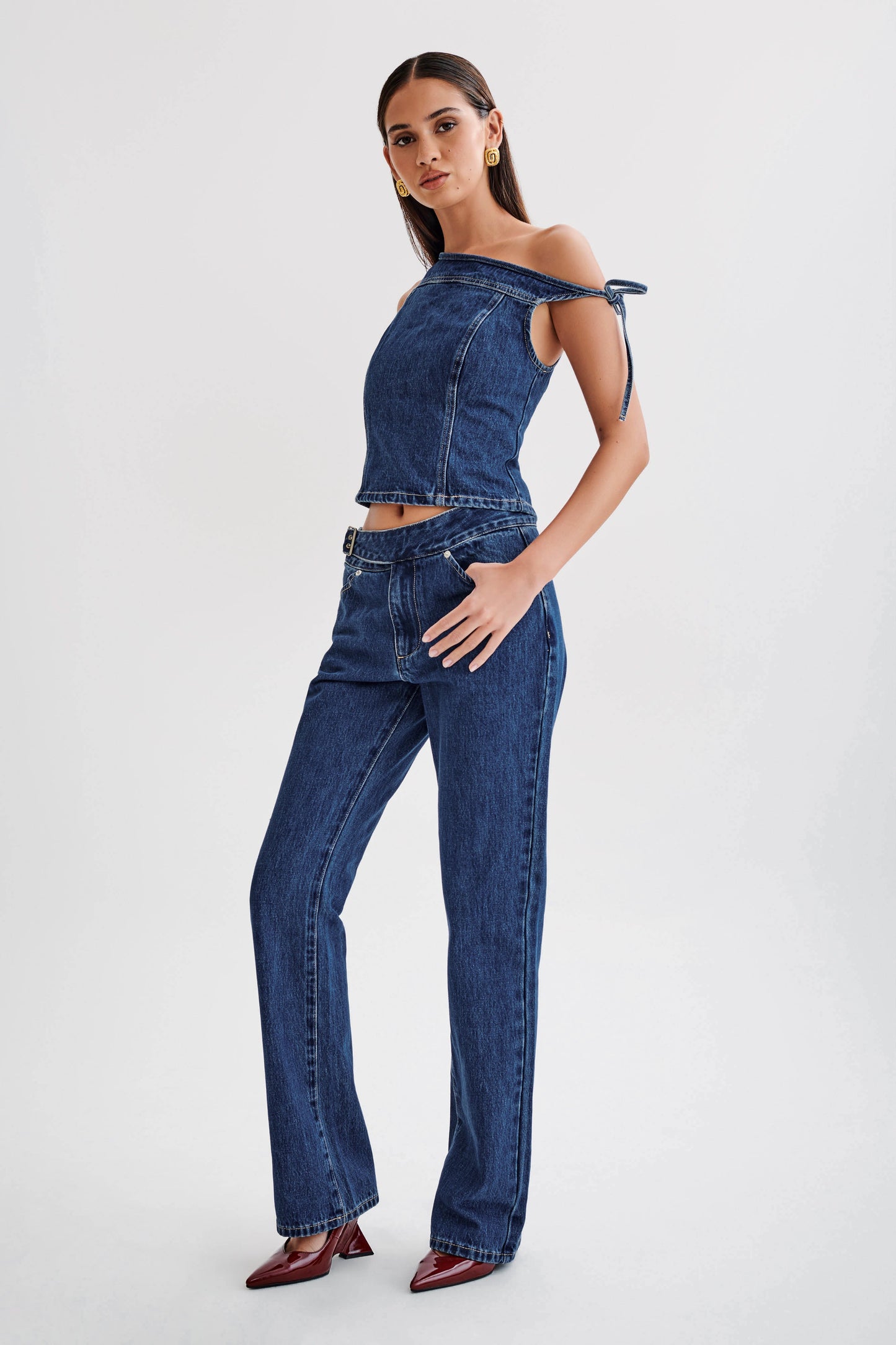 Romona Low Rise Buckle Denim Jean - Dark Blue