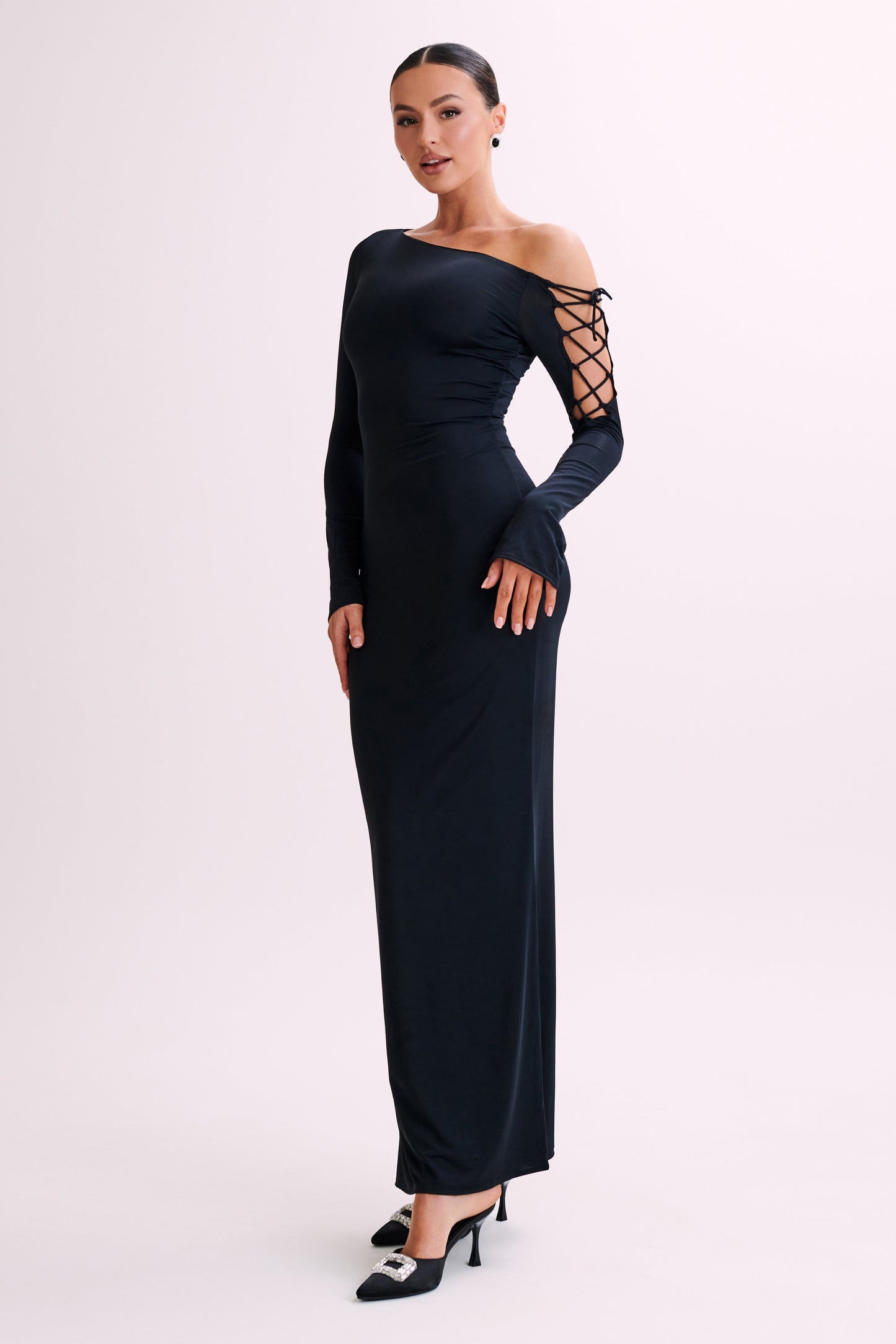 Gabby Tie Sleeve Slinky Maxi Dress - Black