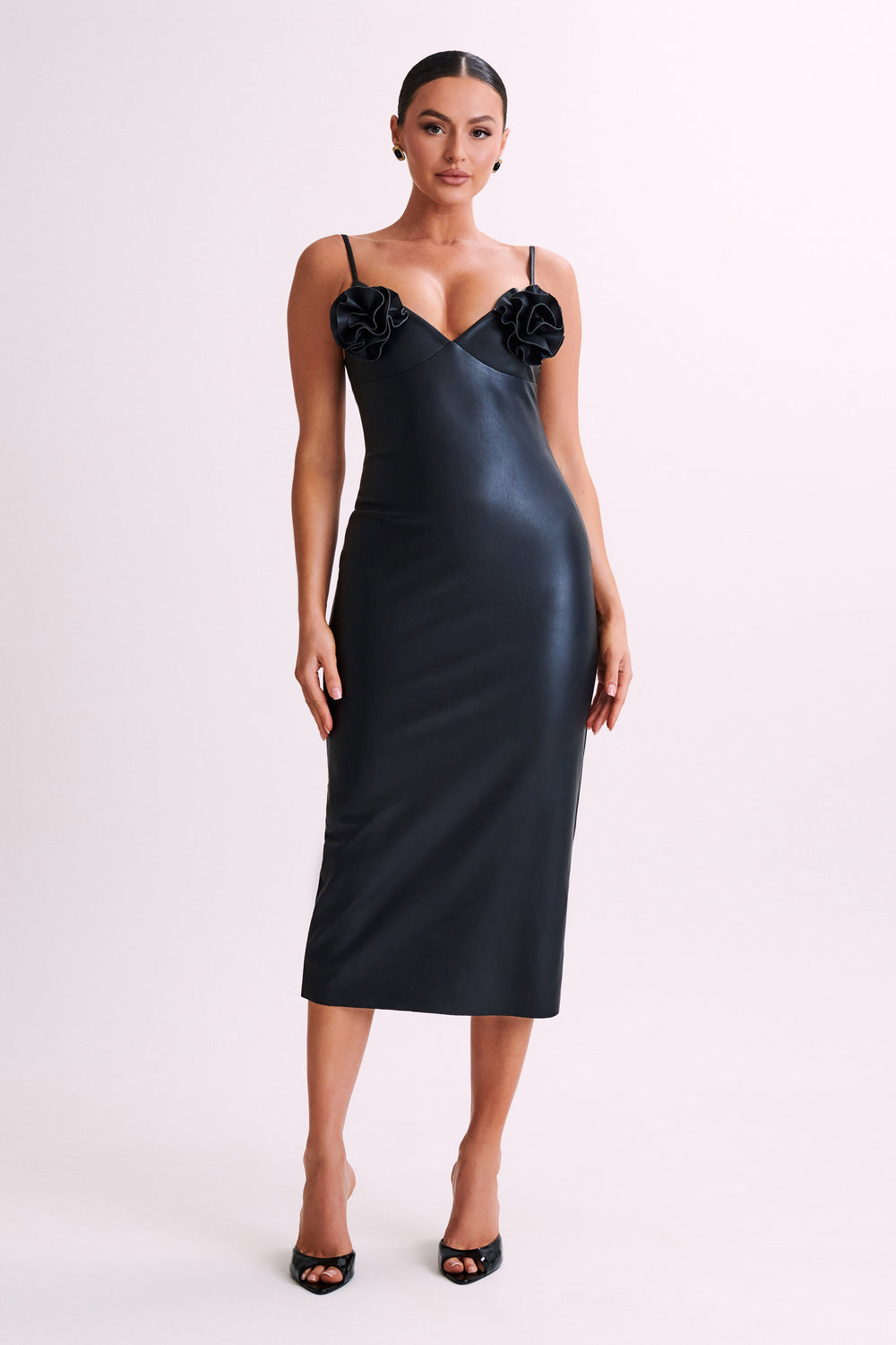 Mariam Faux Leather Rose Midi Dress - Black