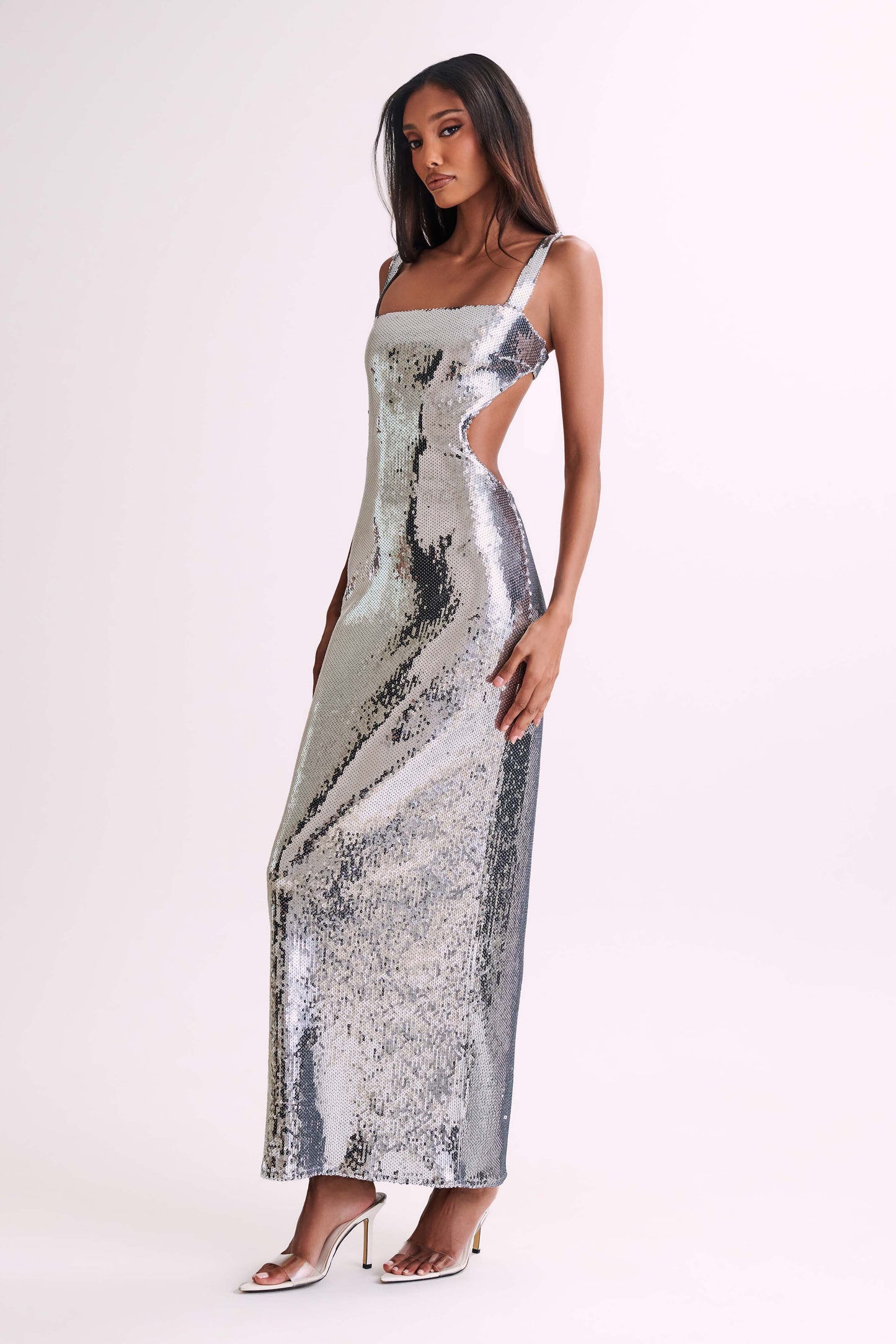 Adoria Sequin Cut Out Maxi Dress - Silver