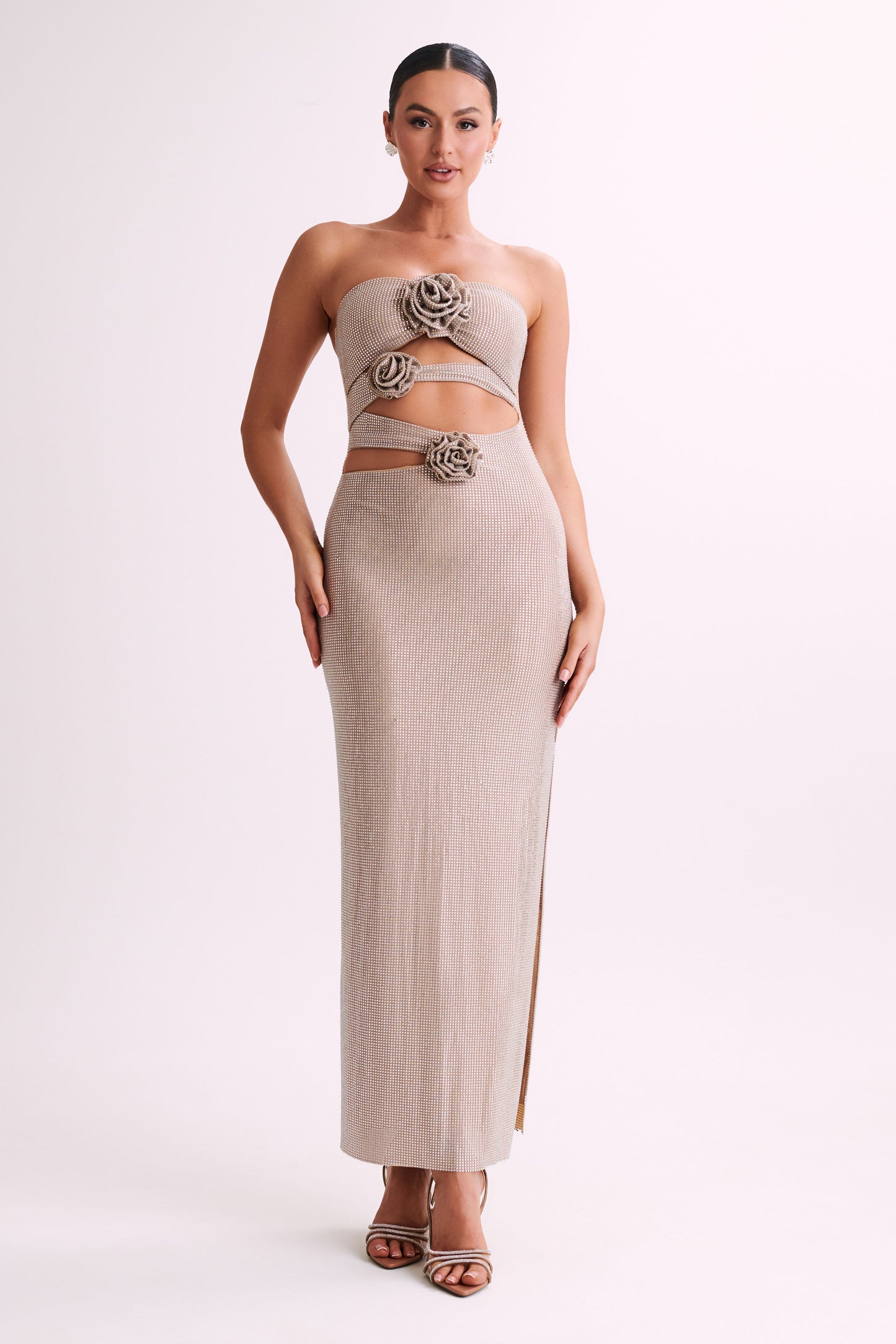 Stassie Strapless Rose Diamante Maxi Dress - Nude