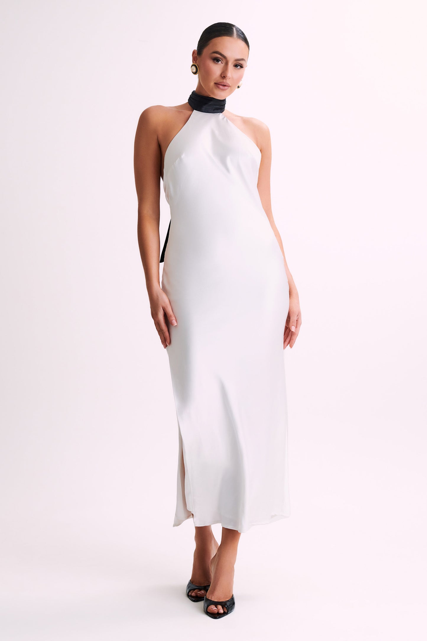 Paulette Satin Midi Dress With Bow - Black & White