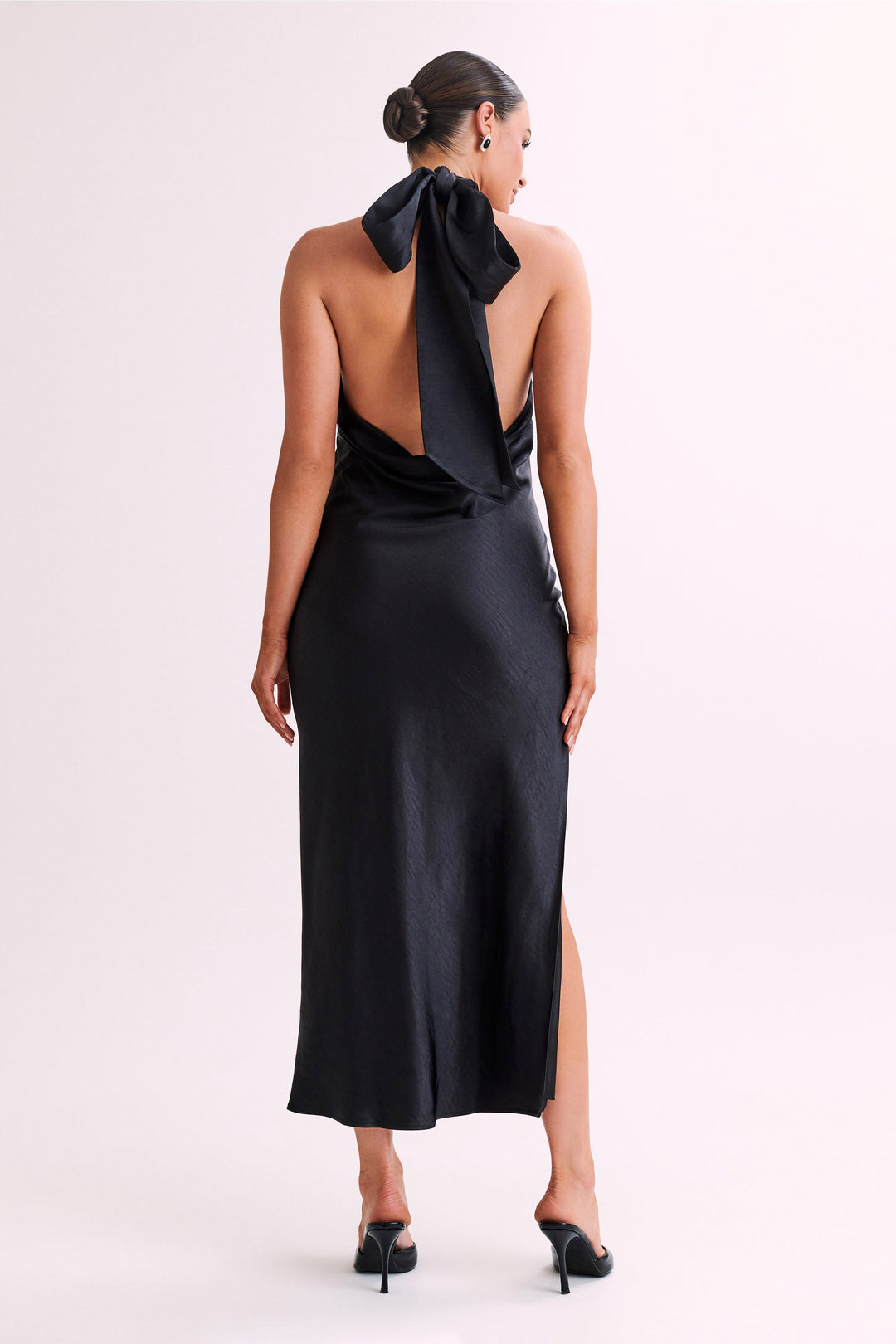 Paulette Satin Midi Dress With Bow - Black- MESHKI U.S