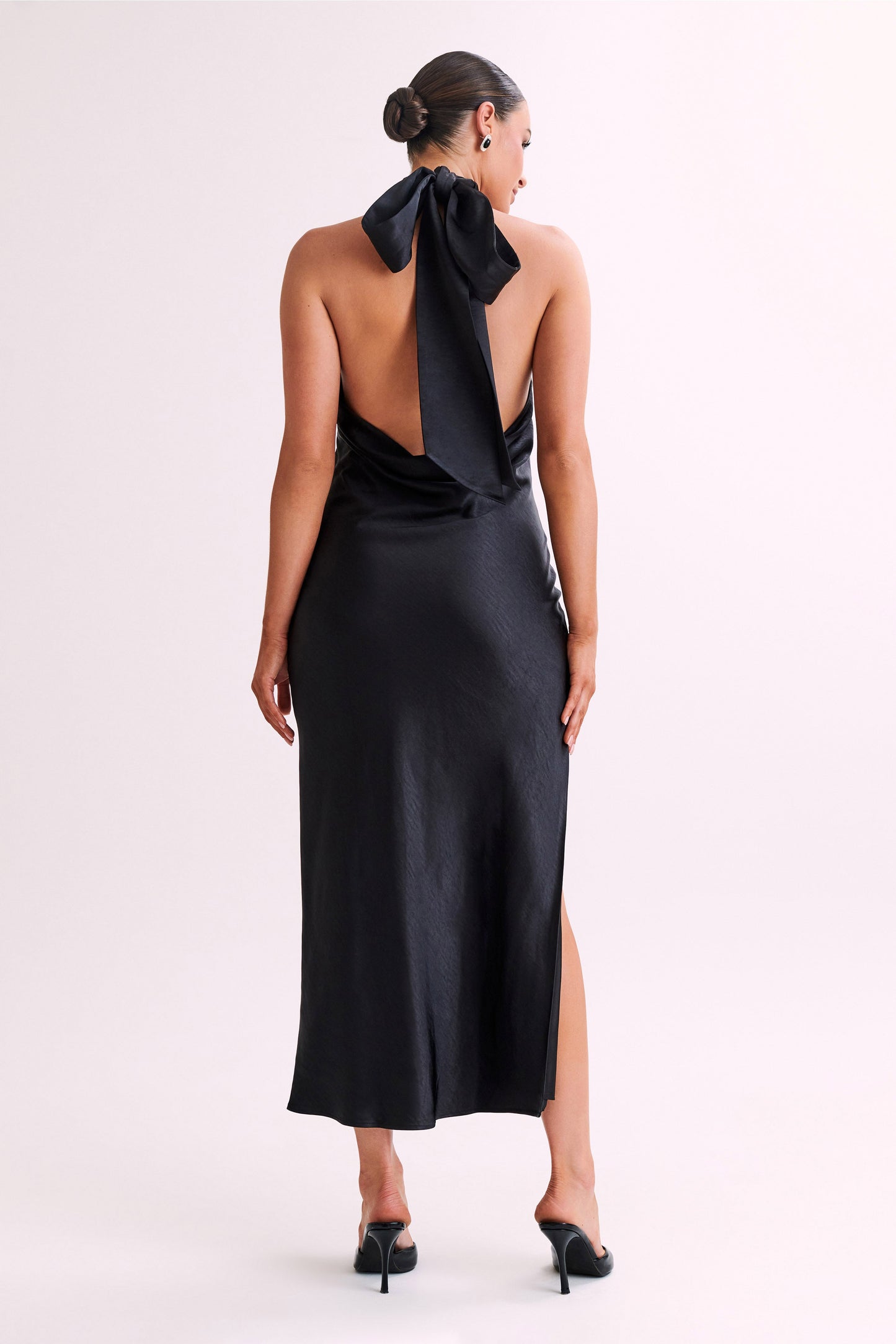 Paulette Satin Midi Dress With Bow - Black