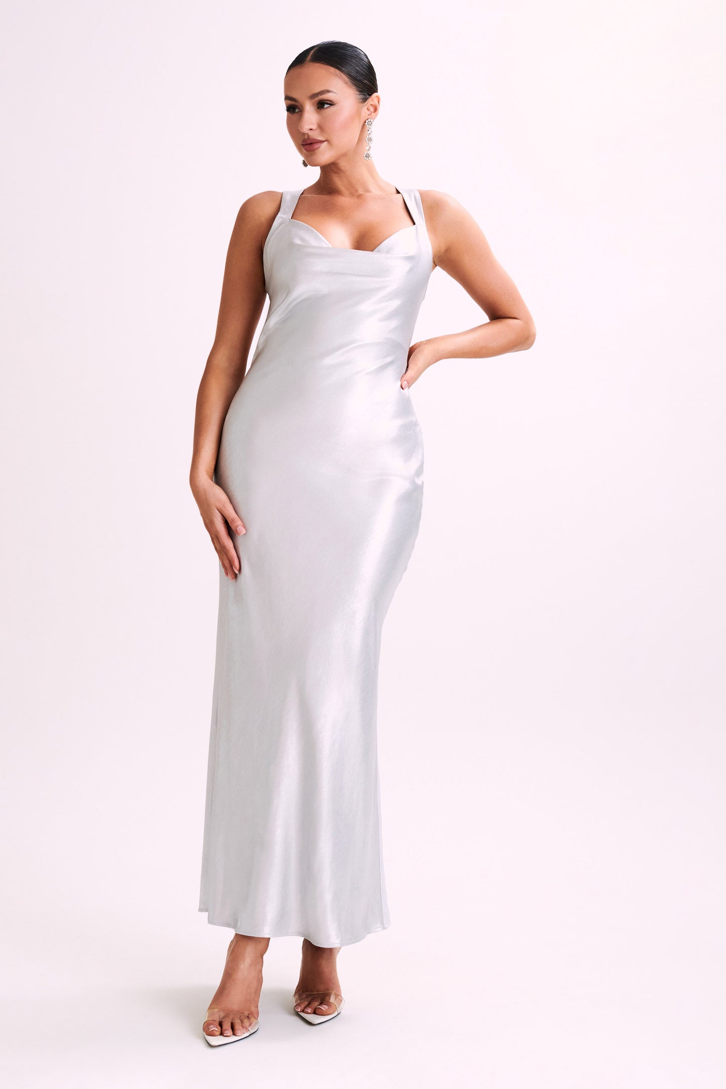 Caellie Satin Cowl Maxi Dress - Silver